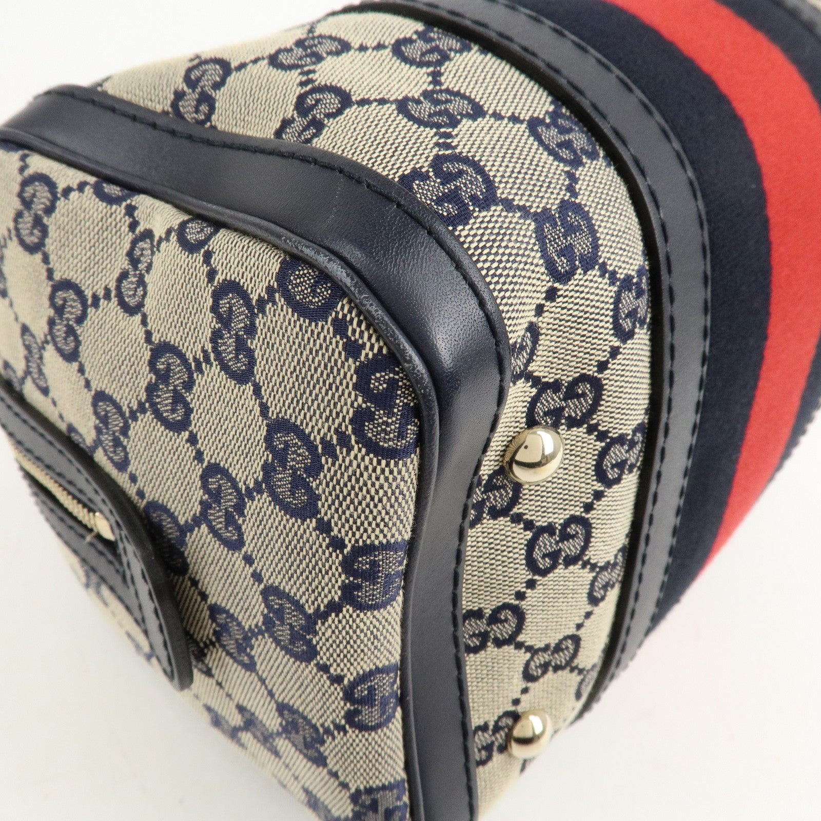 GUCCI Sherry GG Canvas Leather Boston Bag Beige Navy 269876 Used