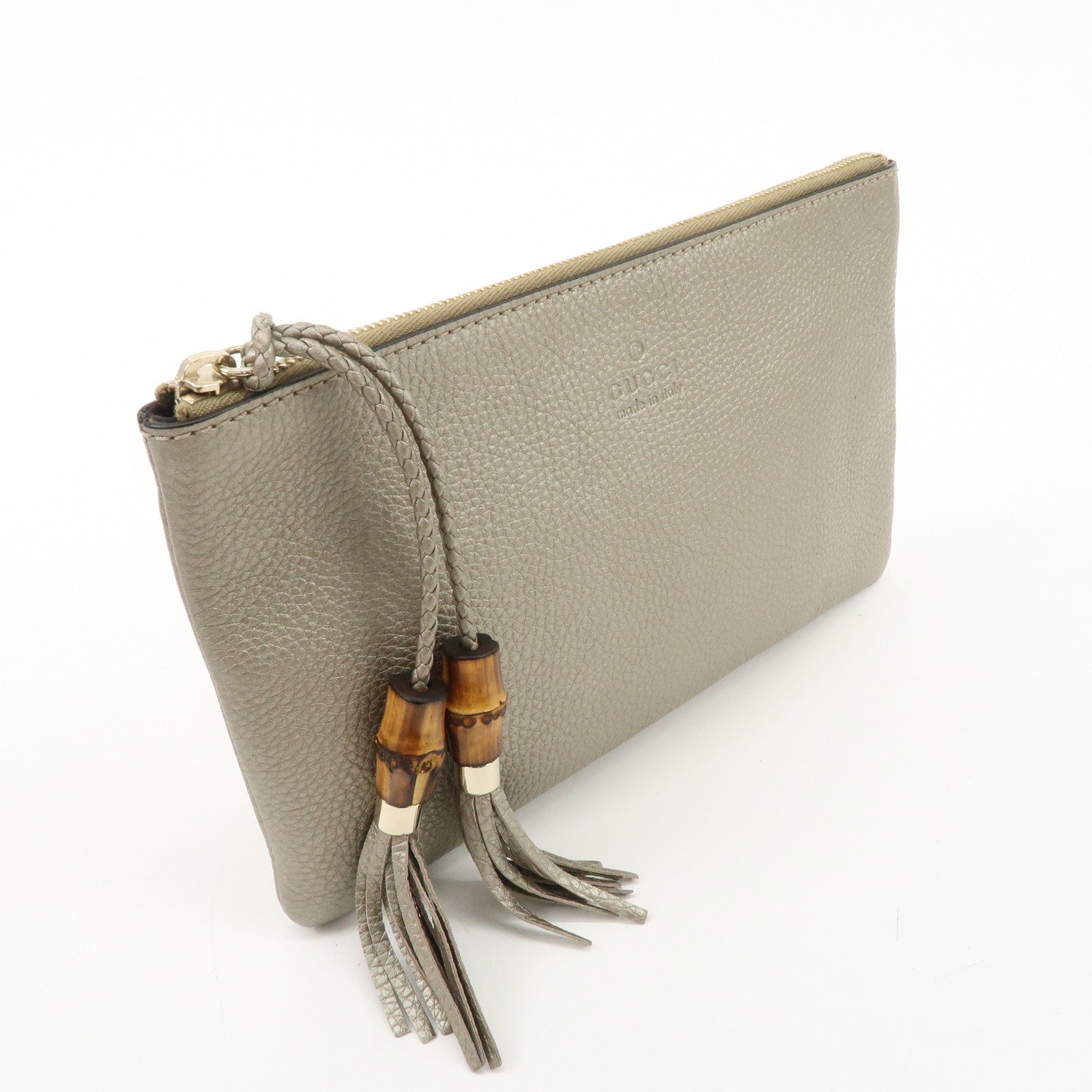 GUCCI Bamboo Leather Tassel Pouch Champaigne Beige 376854