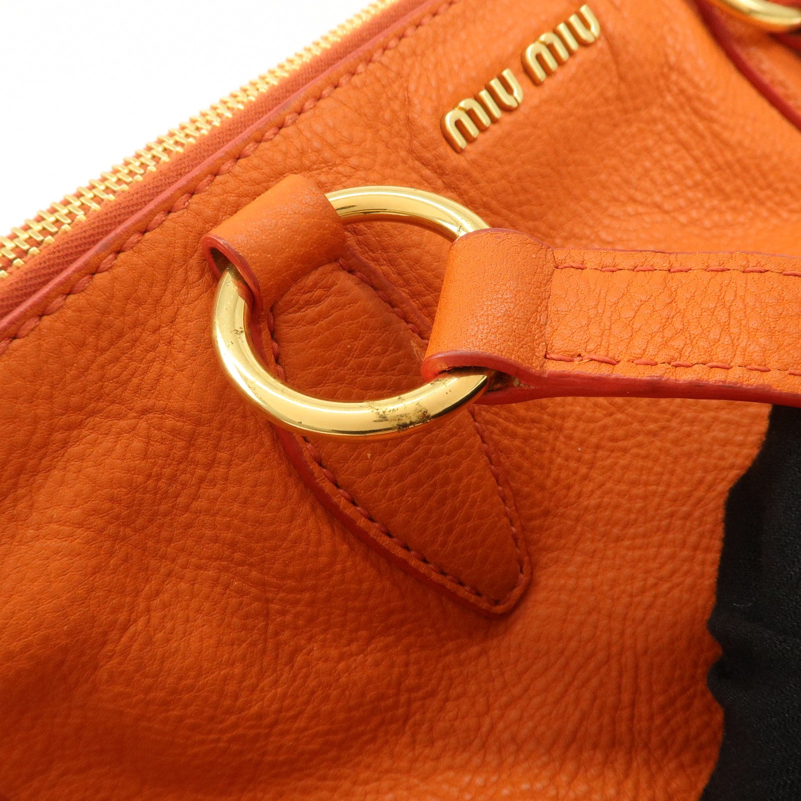 MIU MIU Leather Tote Bag Gold Logo Orange Gold Hardware Used