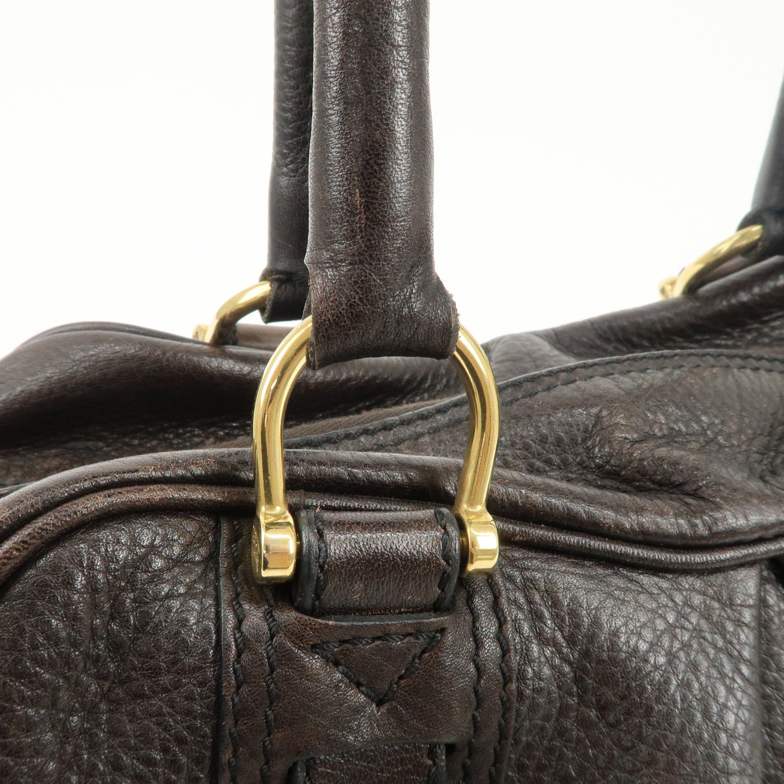 BURBERRY Leather Boston Bag Hand Bag Dark Brown