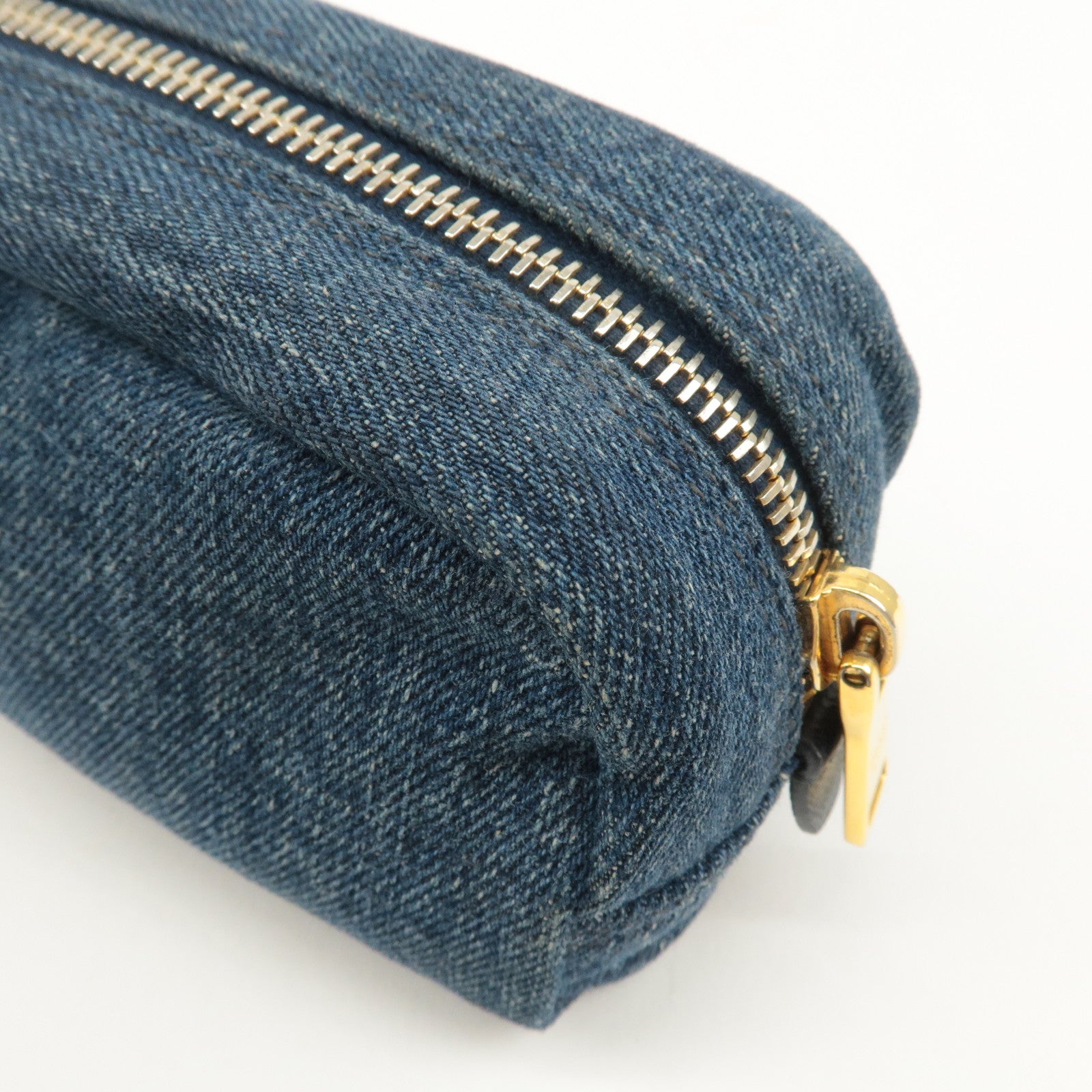 PRADA Logo Denim Pouch Cosmetic Pouch Blue Gold Hardware