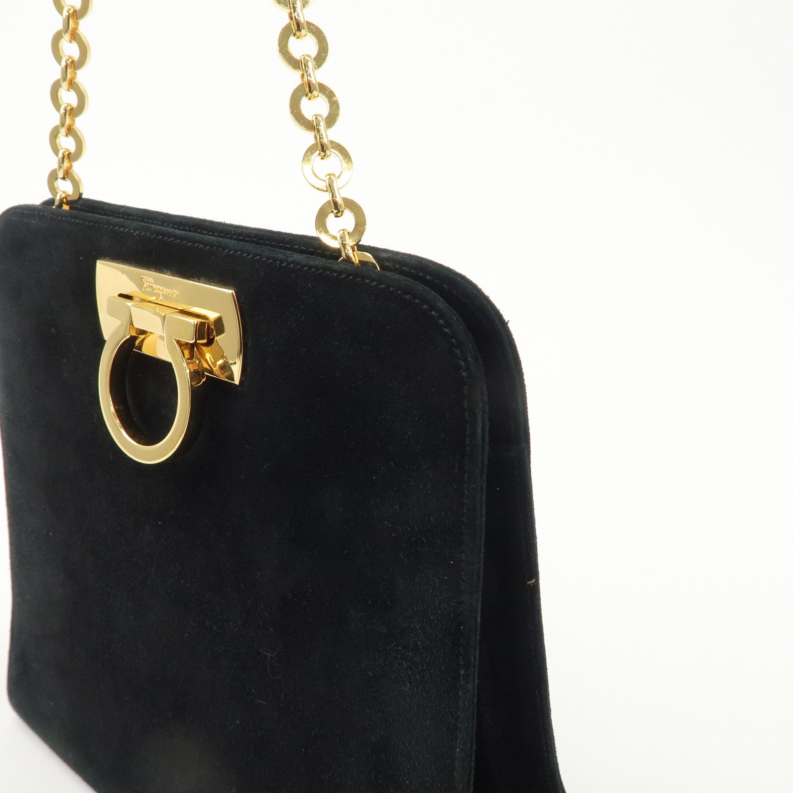 Salvatore Ferragamo Gancini Suede Chain Shoulder Black Bag