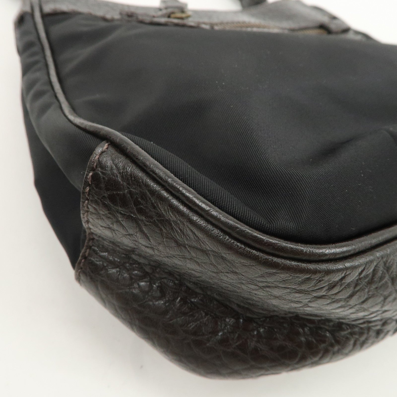 PRADA Nylon Leather Shoulder Bag Black Dark Brown BR1973