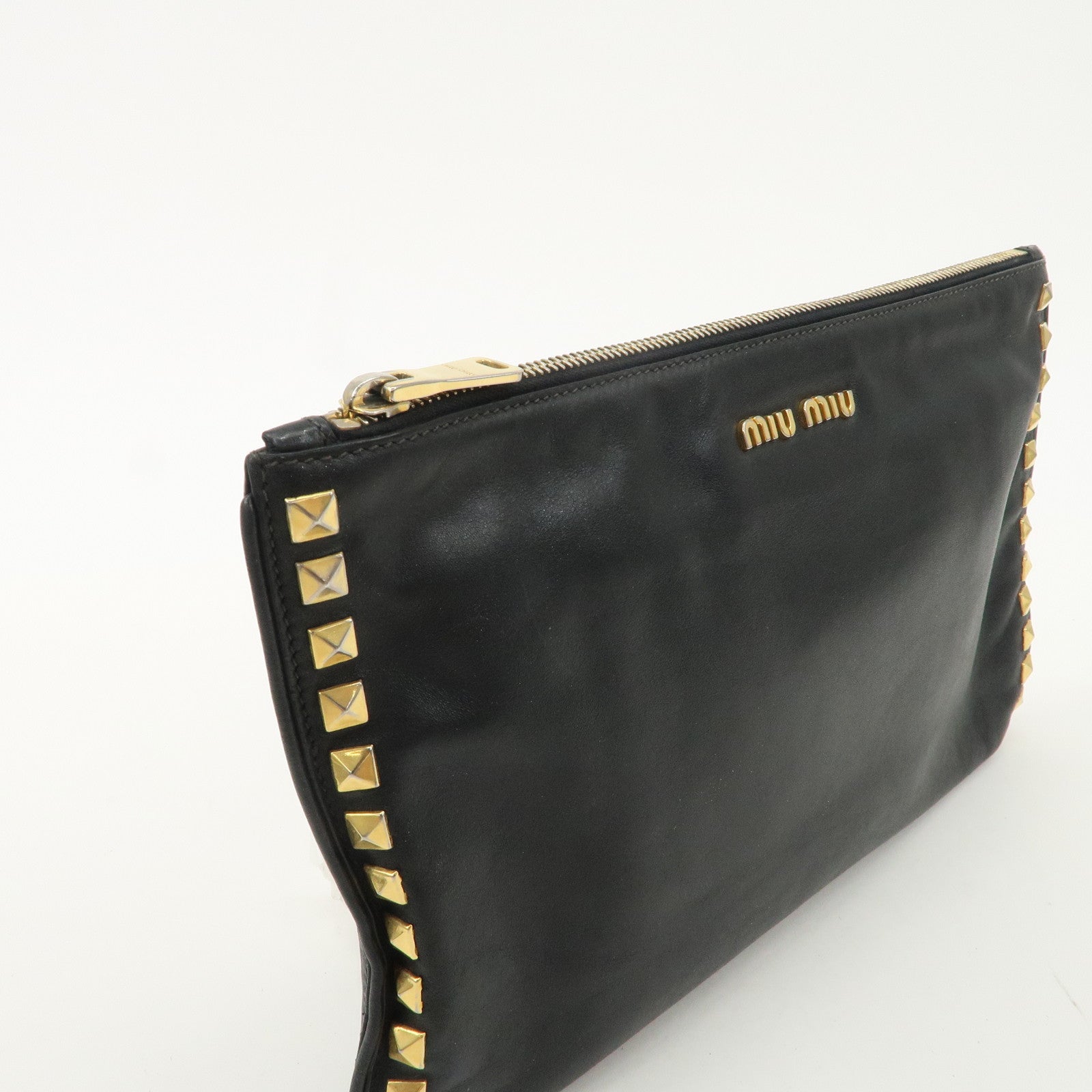 MIU MIU Leather Clutch Bag Hand Bag Black Gold Hardware Used