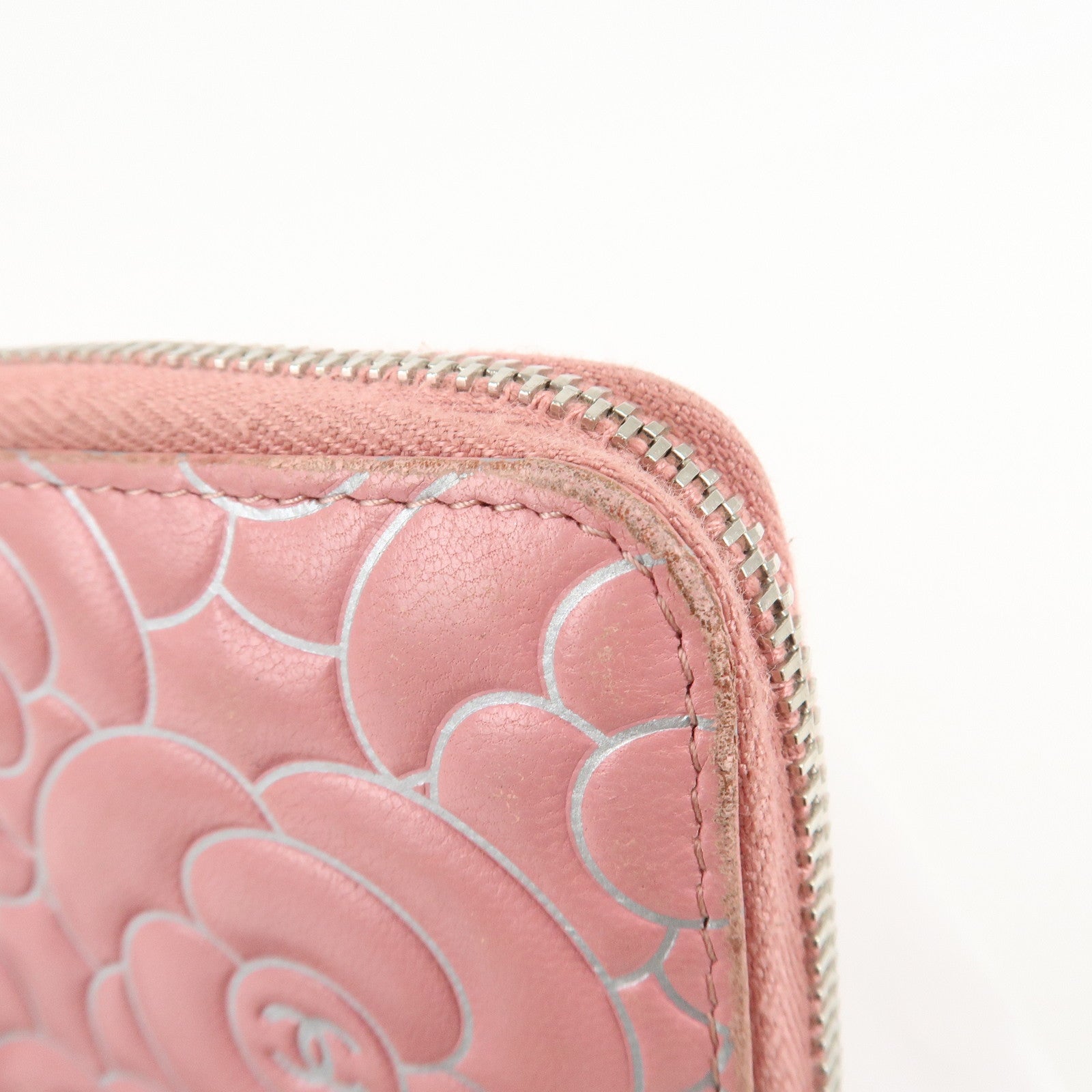 CHANEL Camellia Lamb Skin Long Zippy Wallet Pink A50085