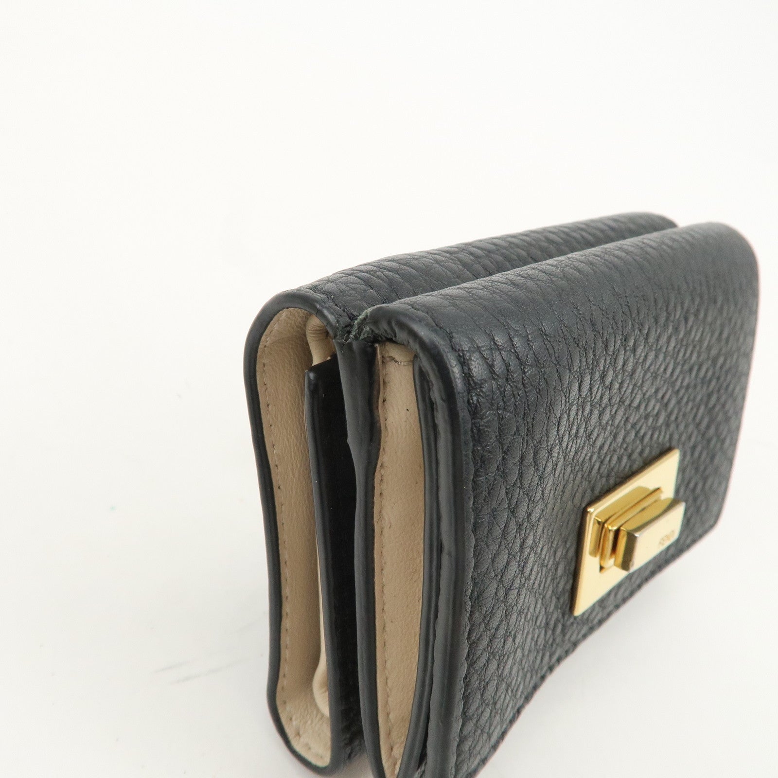 FENDI Leather Peekaboo Micro Wallet Black Gold Hardware 8M0426 Used