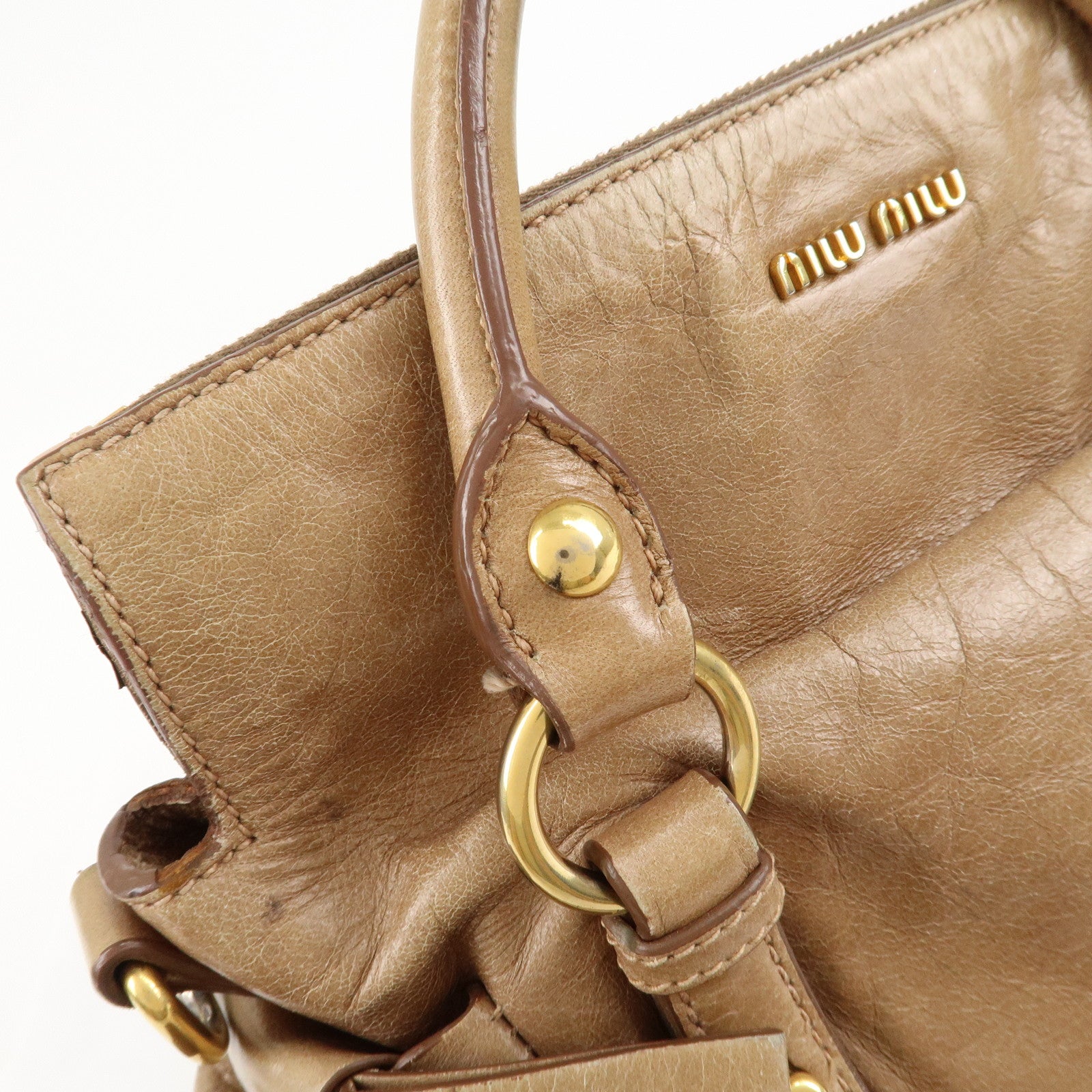 MIU MIU Leather Ribbon 2Way Shoulder Hand Bag Beige Used