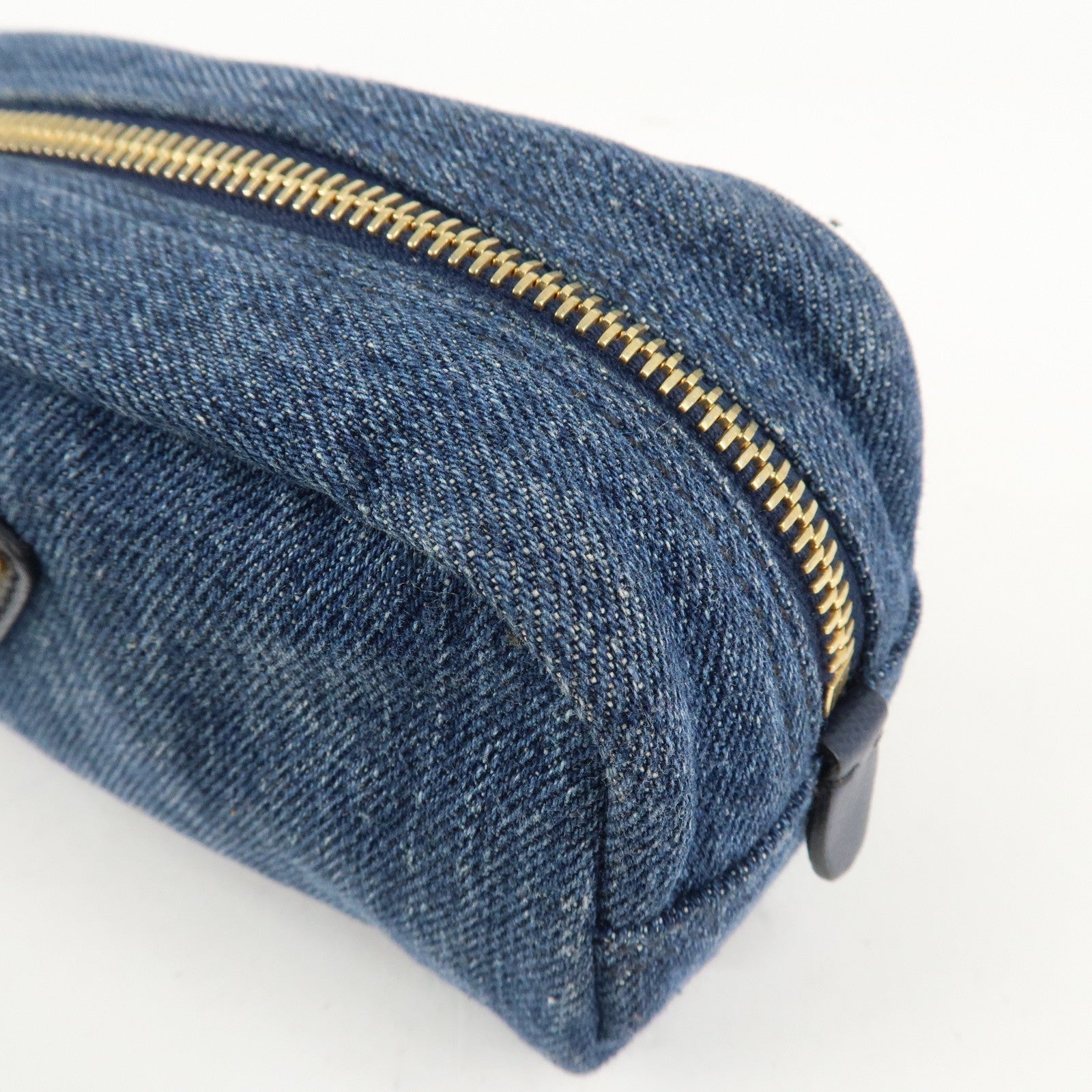 PRADA Triangle Logo Denim Pouch Cosmetic Pouch Blue