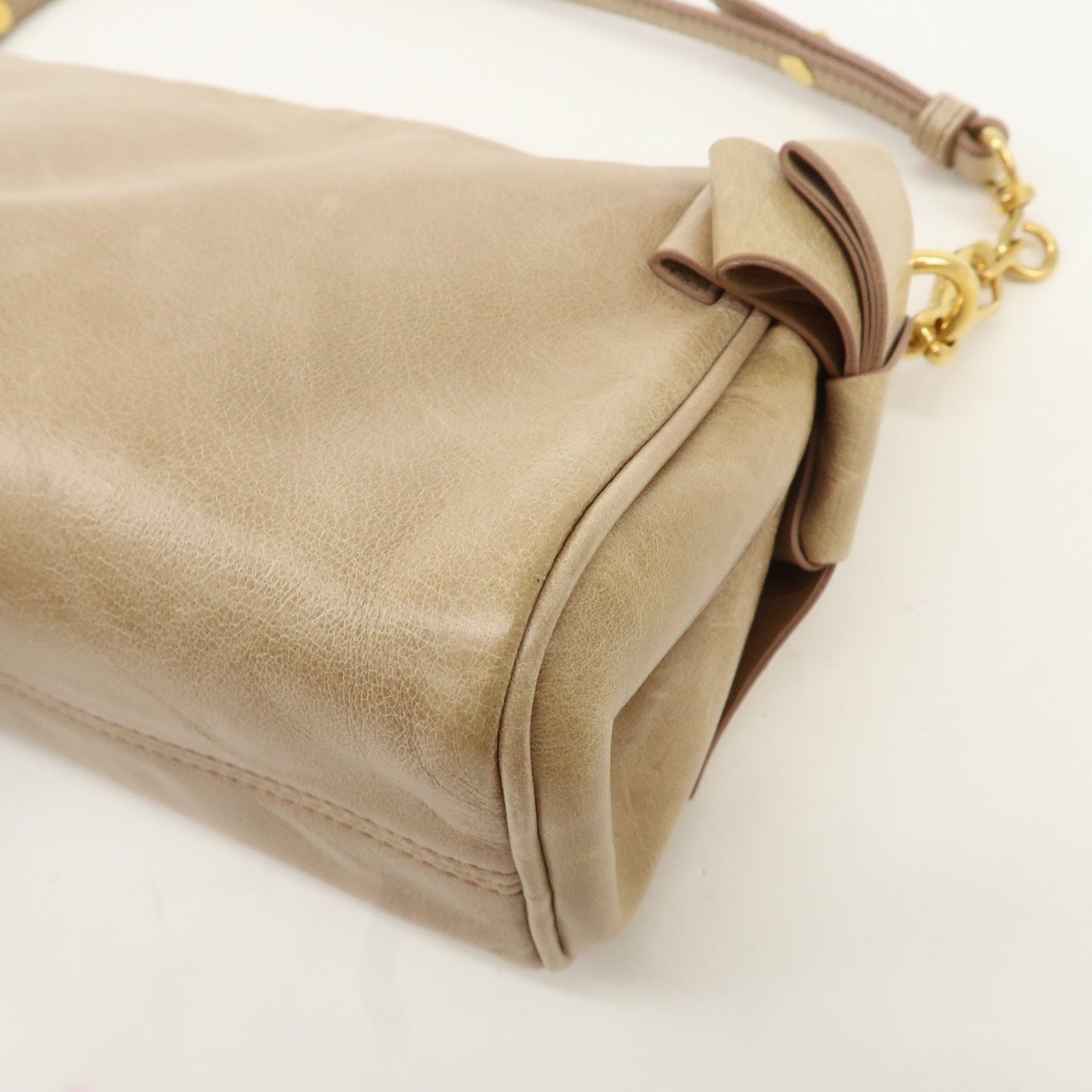 MIU MIU Leather Shoulder Bag Beige Gold Hardware Used