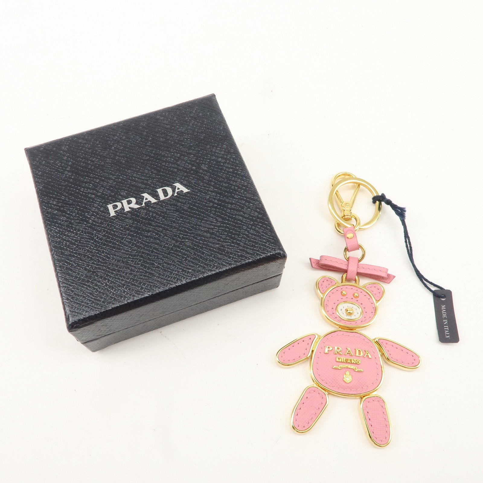 PRADA Saffiano Leather Metal Bear Bag Charm Key Chain Pink