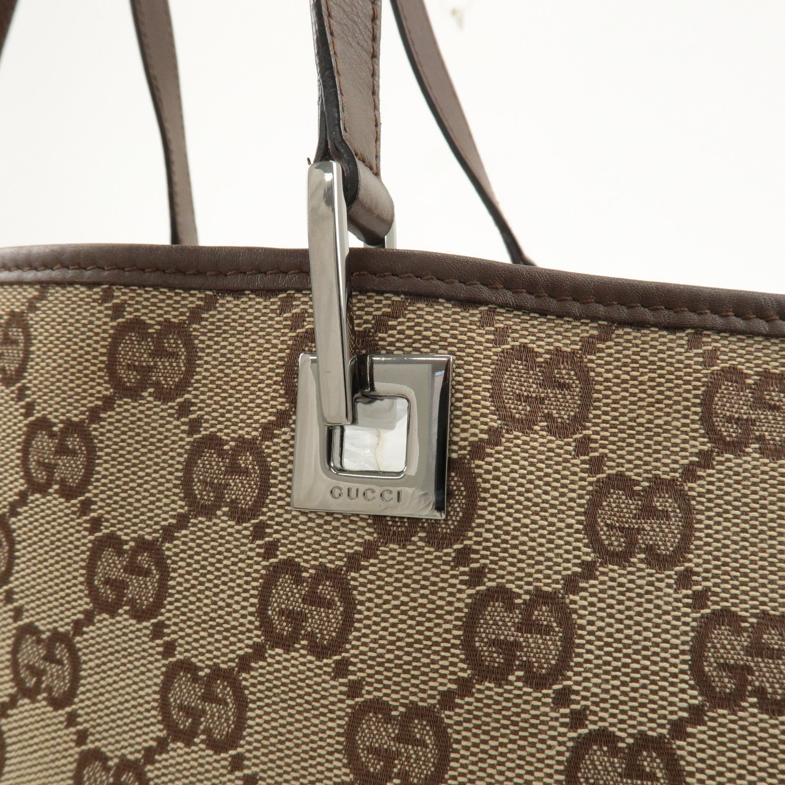 GUCCI GG Canvas Leather Tote Bag Beige Brown 31243