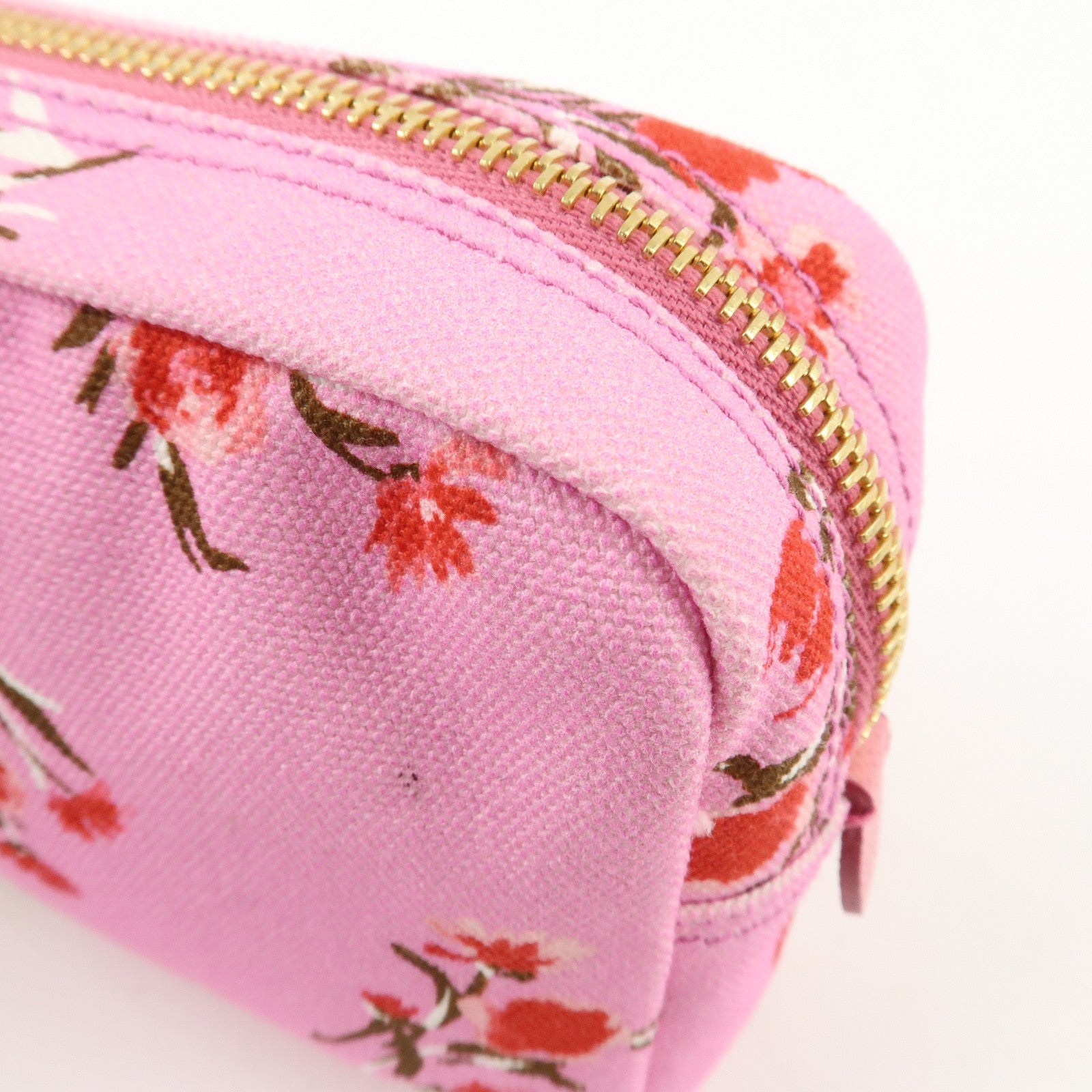 PRADA Canapa Canvas Leather Cosmetic Pouch Flower 1NA021 Pink Used