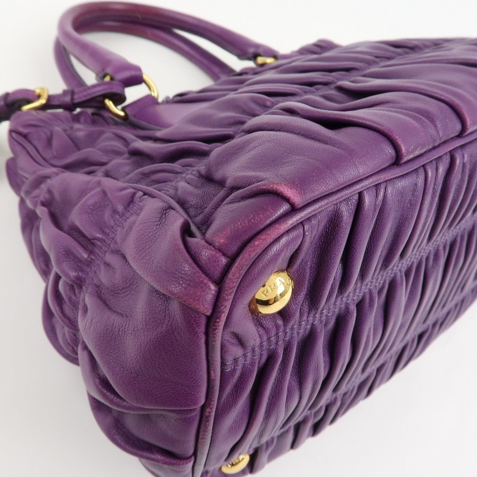 PRADA Leather Gathered Hand Bag Purple Gold Hardware BN2394