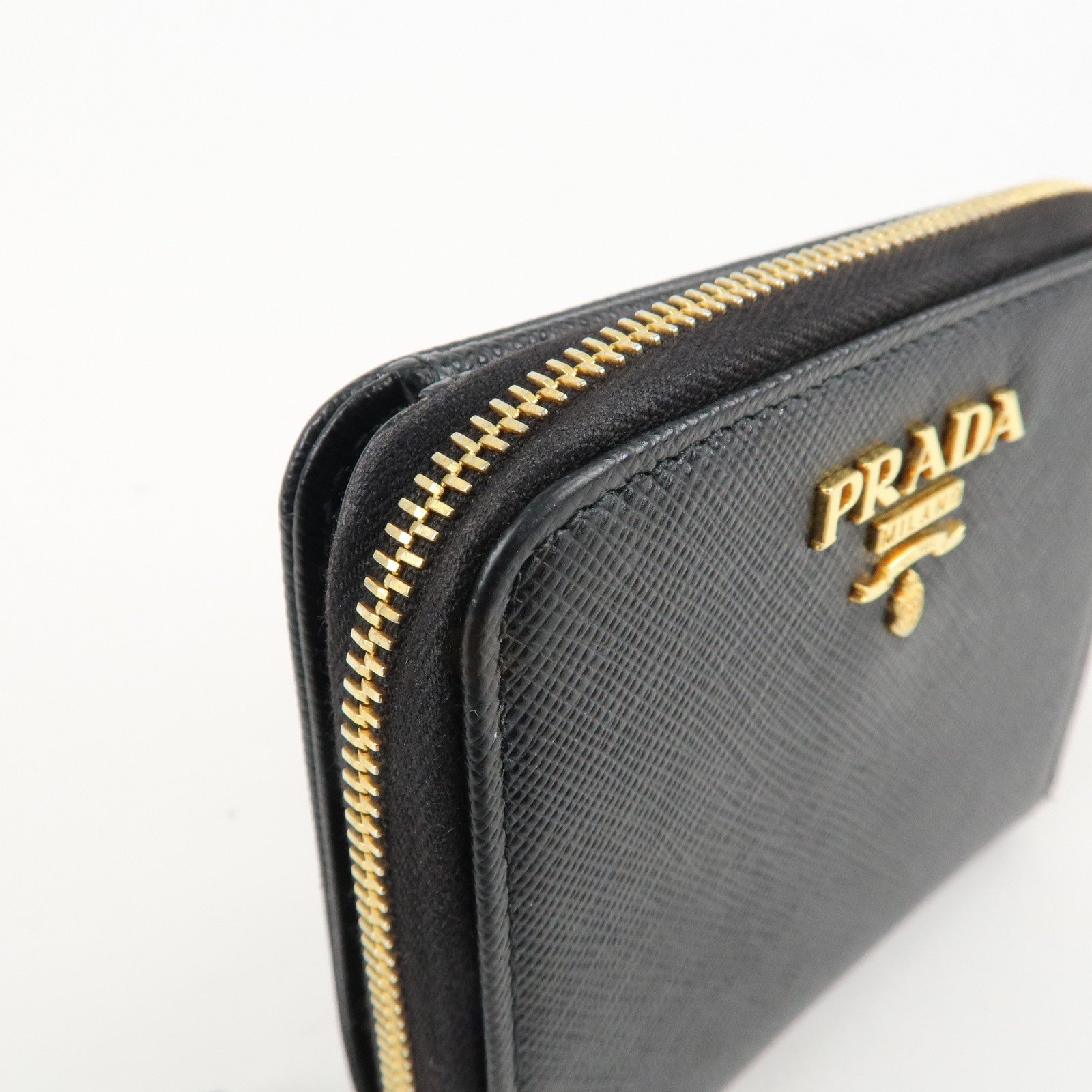 PRADA Logo Leather Zip Around Bi-fold Wallet Black 1ML522 Used