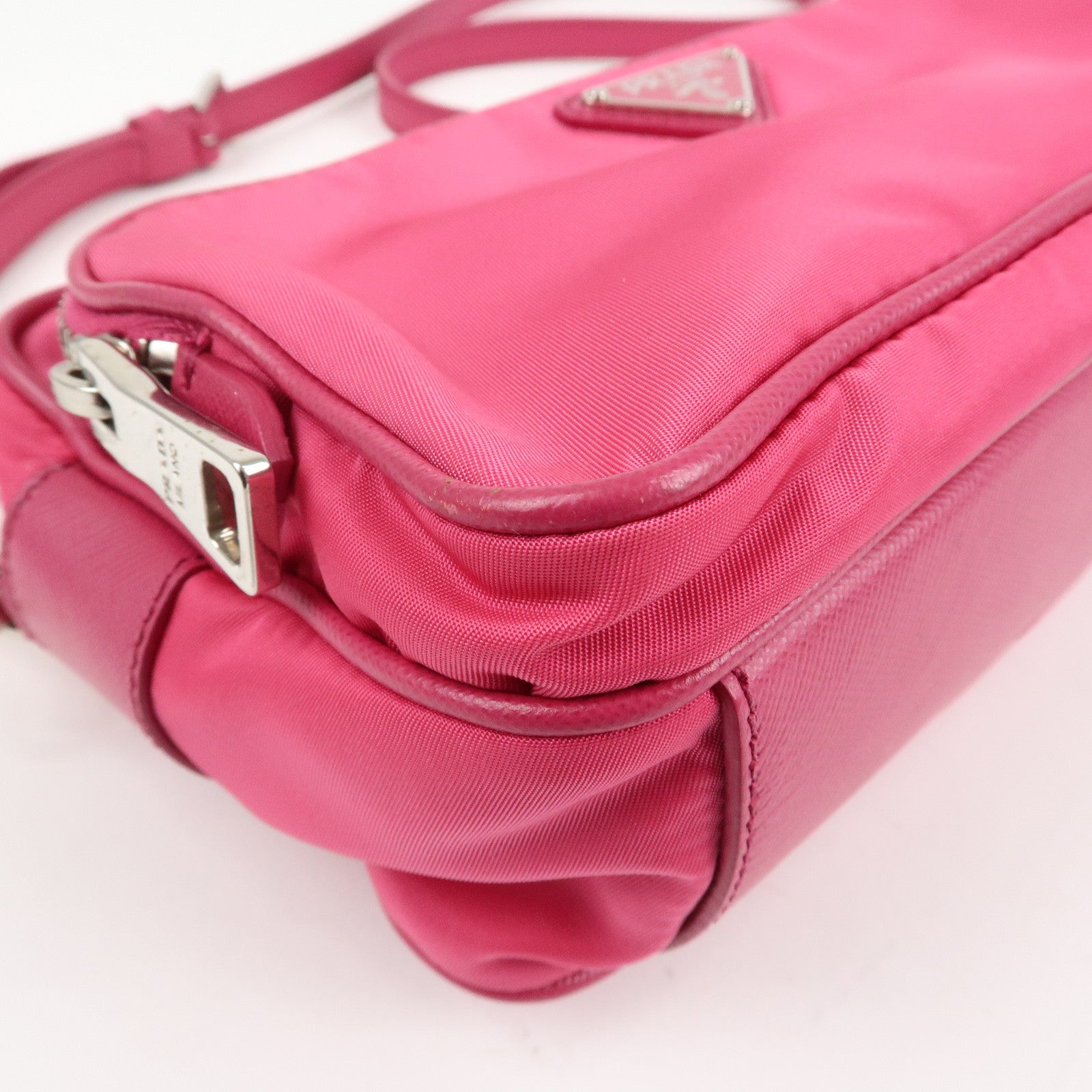 PRADA Triangle Logo Leather Shoulder Bag Pink Silver Hardware Used