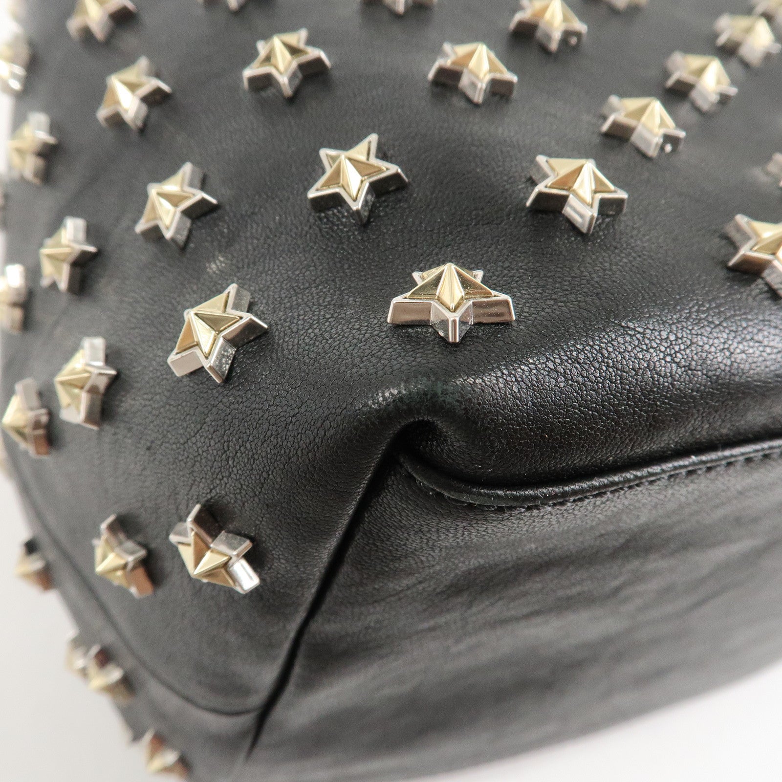 JIMMY CHOO Leather Tote Bag Hand Bag Star Studs Black Gold HDW