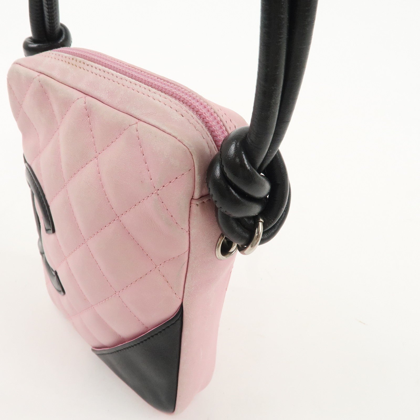 CHANEL Cambon Lamb Skin Small Pochette Pink Black A25177 Used