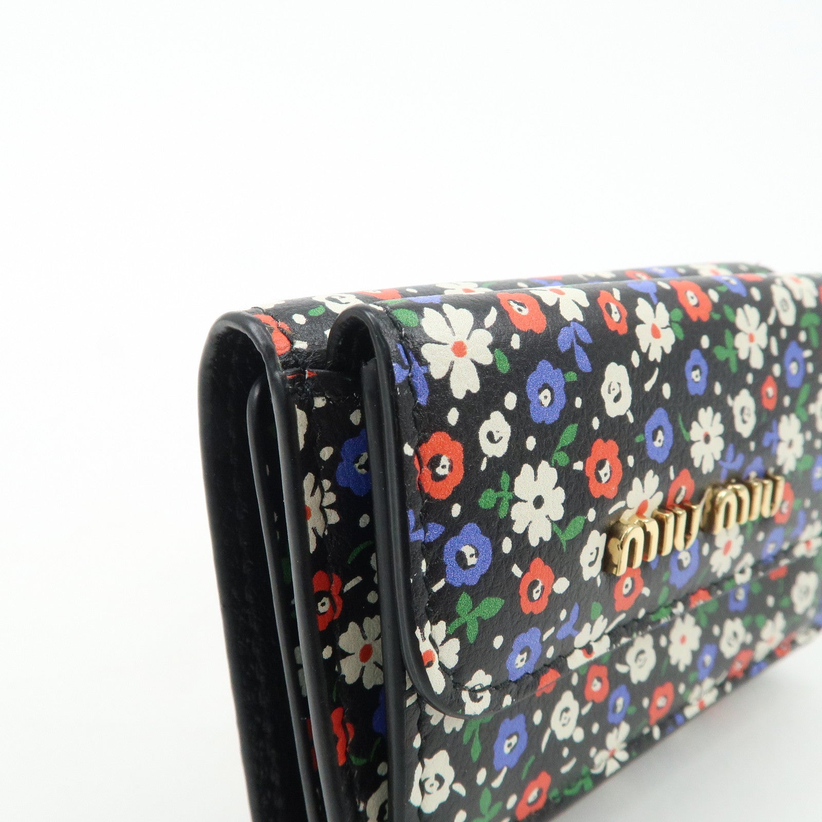 MIU MIU Leather Wallet Compact Flower Black Multicolor