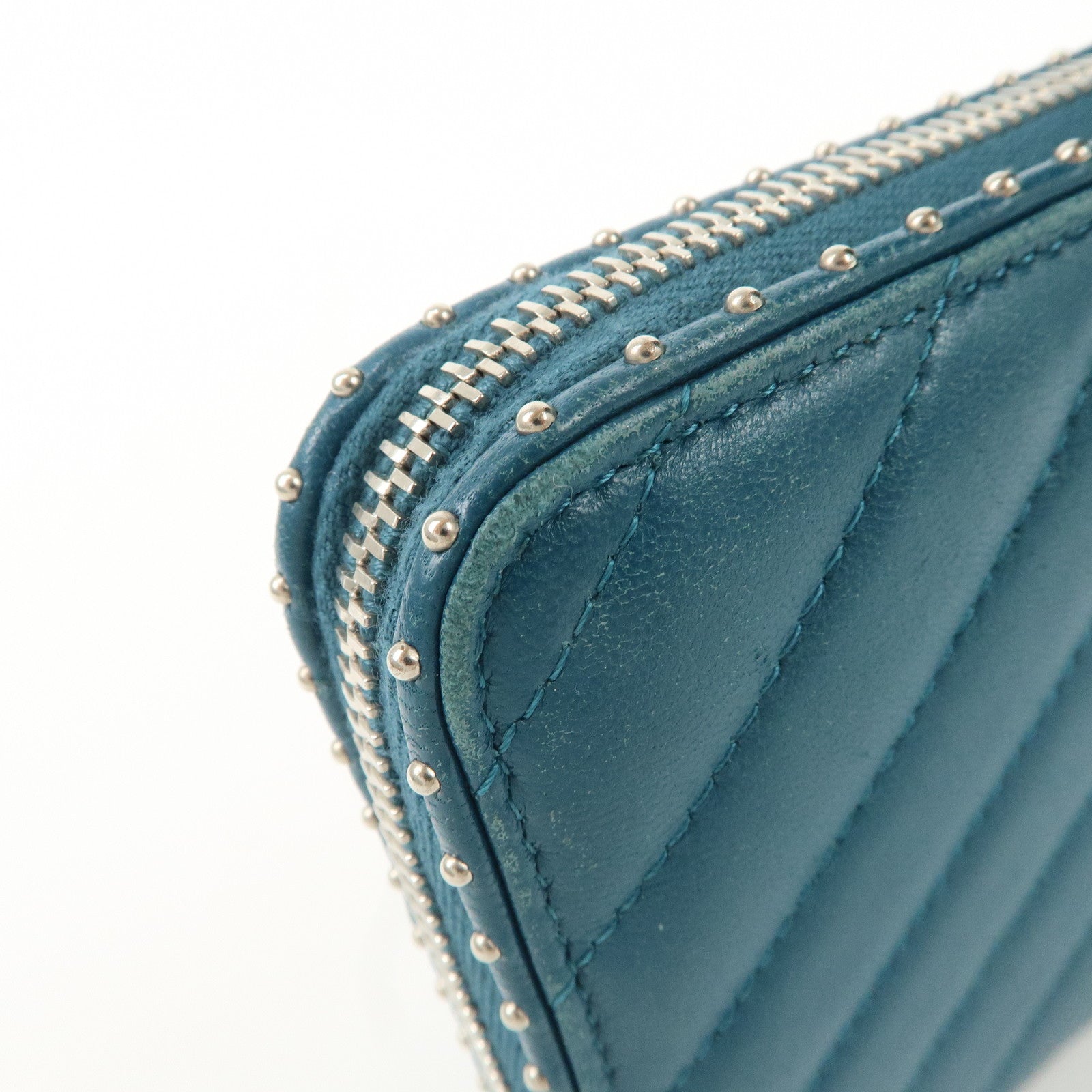 CHANEL V Stich Lamb Skin Coco Mark Studs Long Wallet Blue A50097 Used