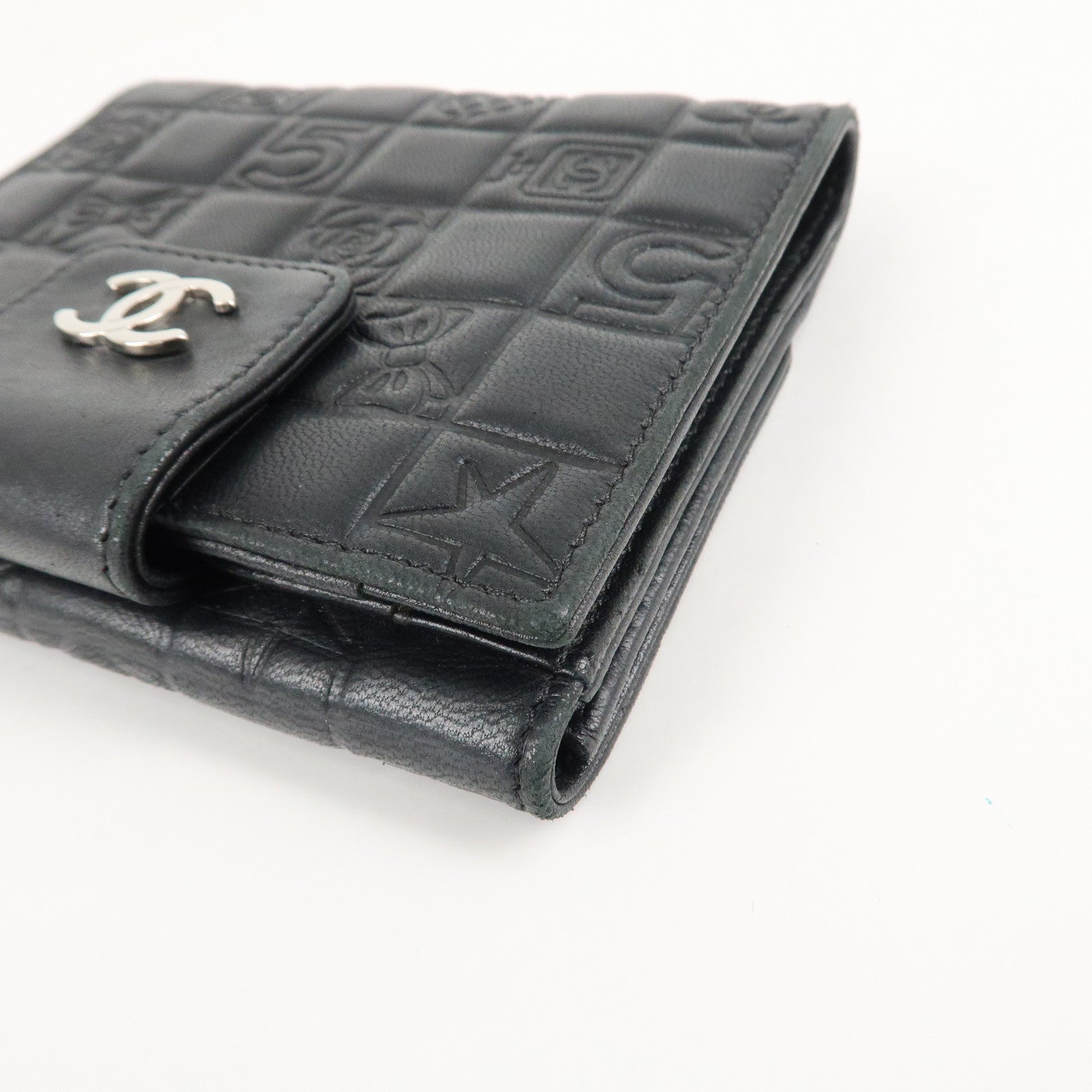 CHANEL Icon Line Lamb Skin W Flap Bi-fold Wallet Black A24212