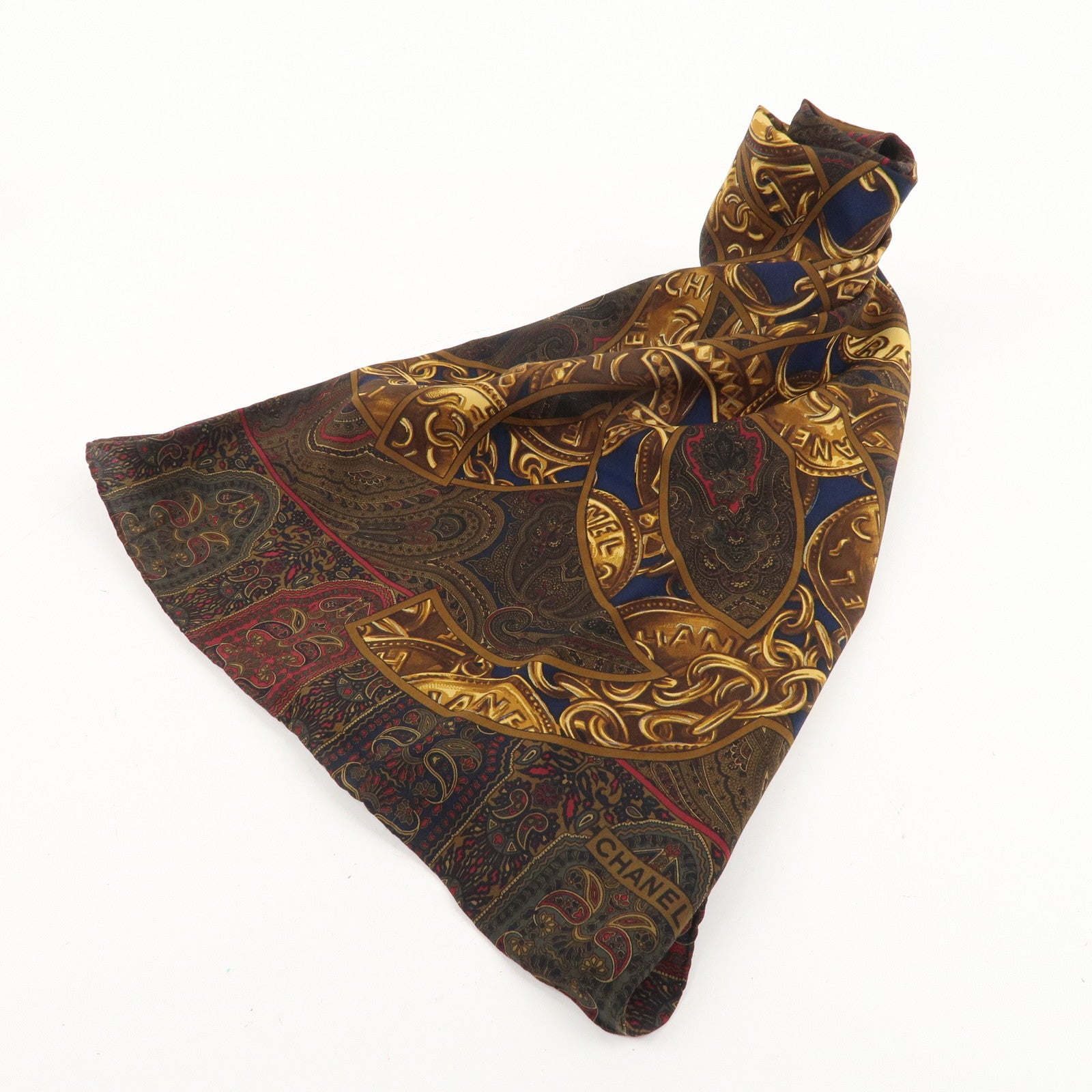 CHANEL Scarf Silk 100 % Chain Paisley Pattern Navy Gold Brown