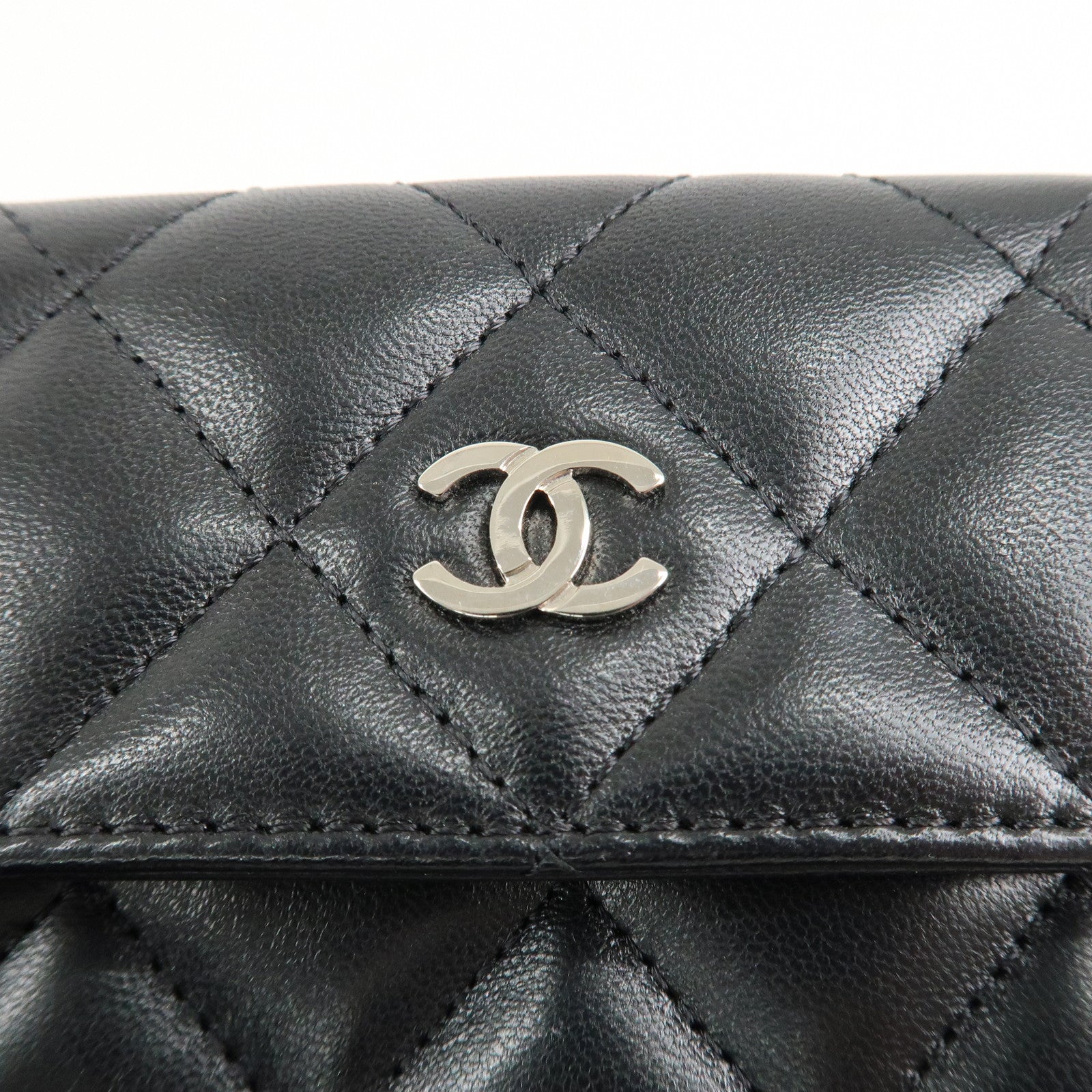 CHANEL Matelasse Lamb Skin Bi-Fold Small Wallet Black A48980 Used