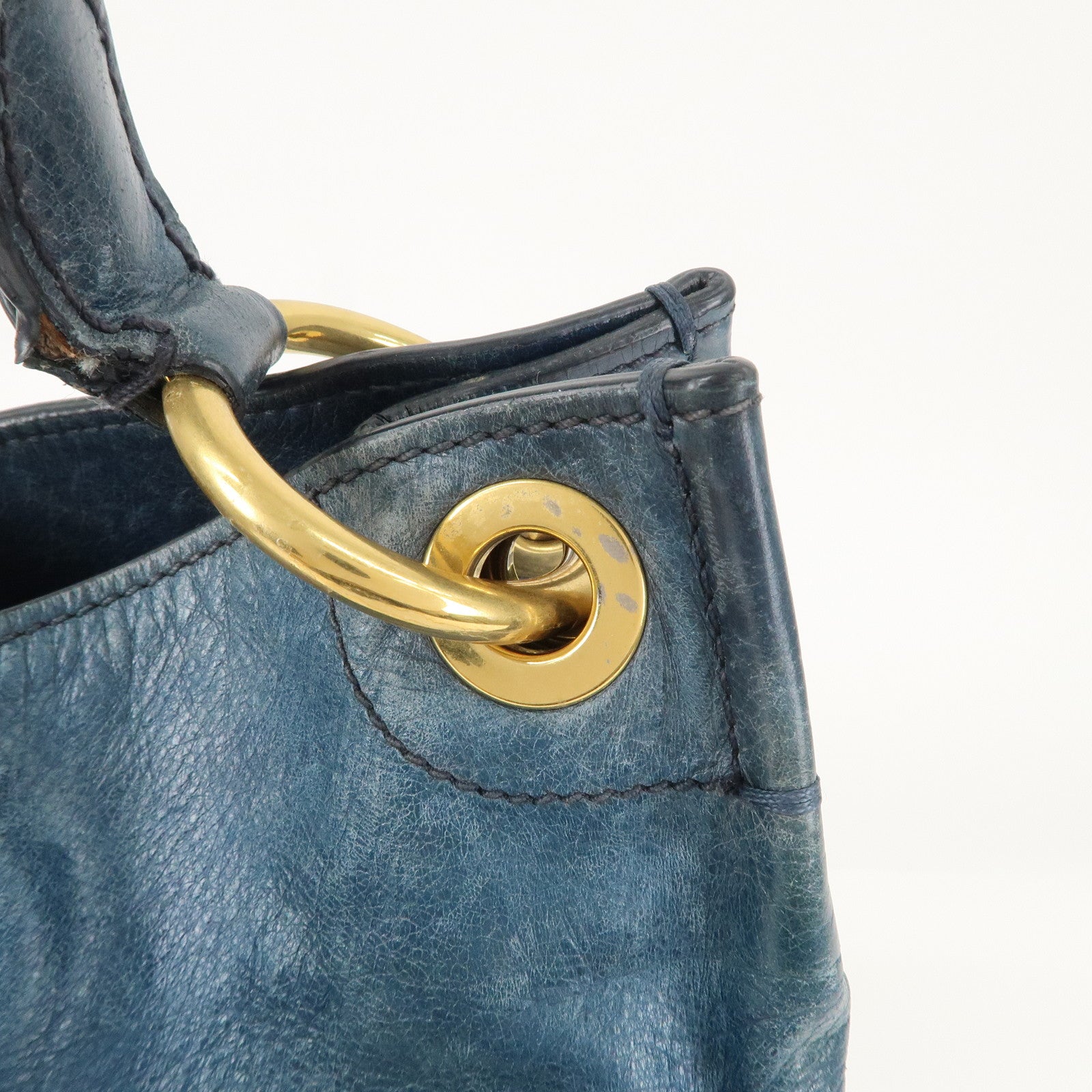 PRADA Logo Leather One Shoulder Bag Blue Gold Hardware BR4829