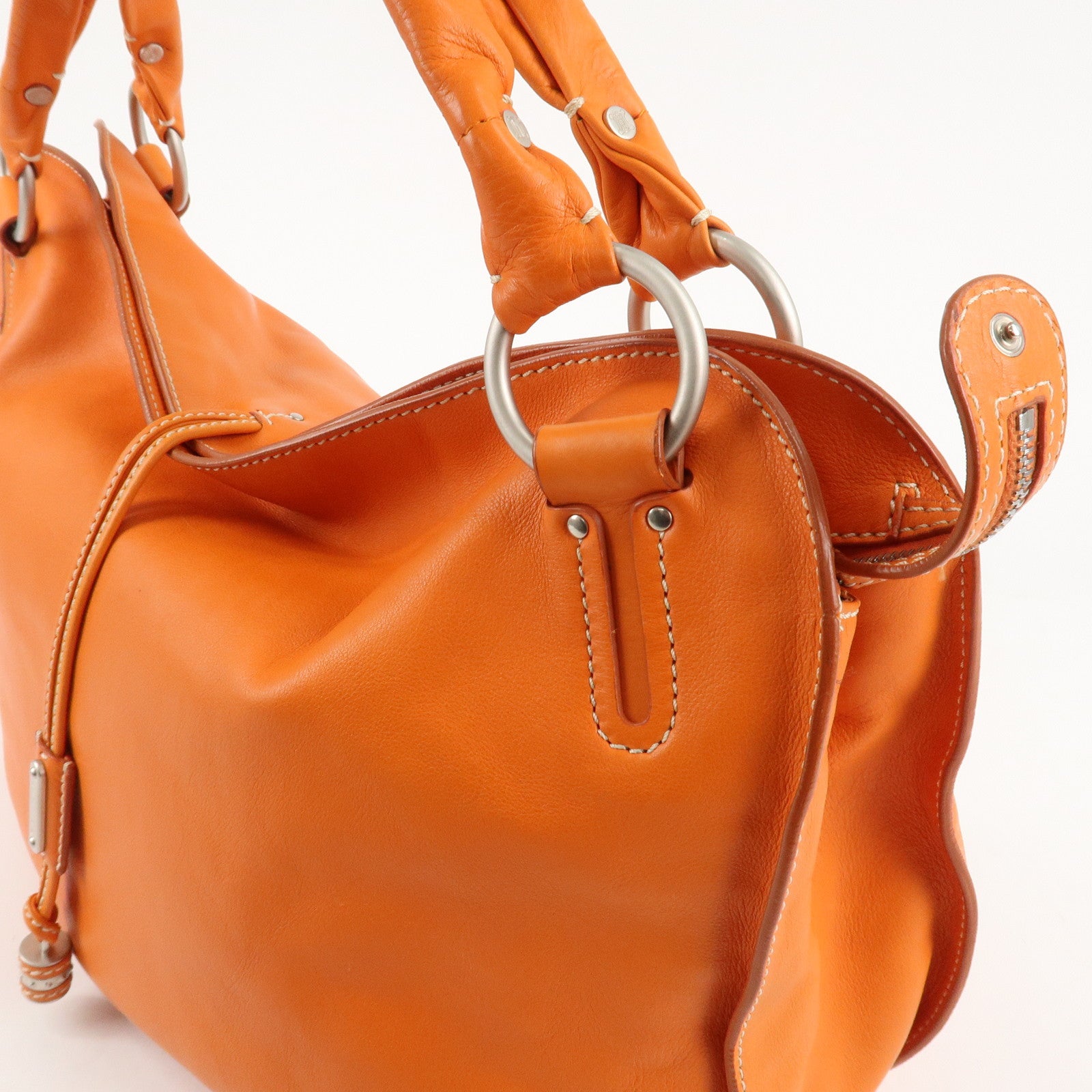 CELINE Leather Shoulder Bag Hand Bag Orange Silver HDW Used