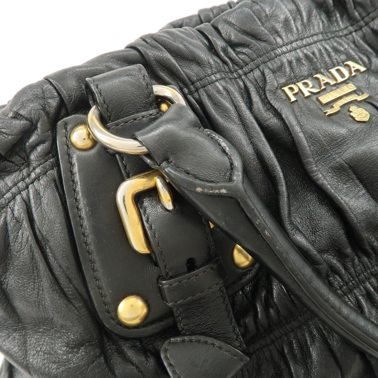 PRADA Leather Gathered 2Way Shoulder Bag Hand Bag Black BN1789