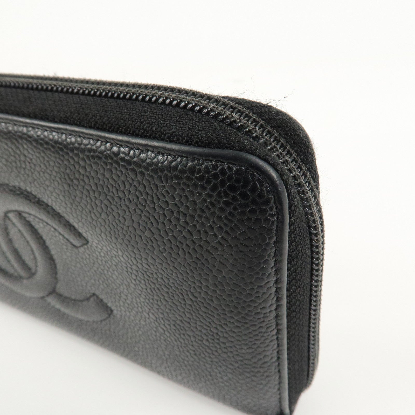 CHANEL Caviar Skin Zip Around Long Wallet Black A50071