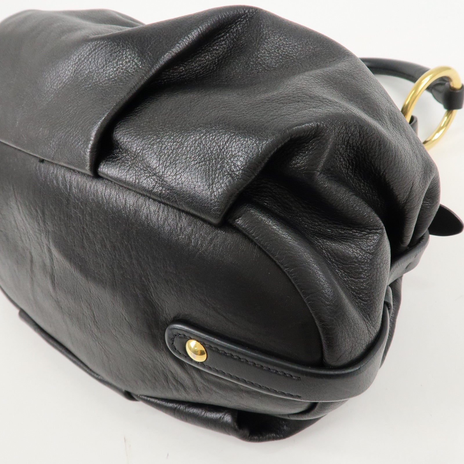 PRADA Nylon Leather Gathered One Shoulder Bag Black Gold HDW