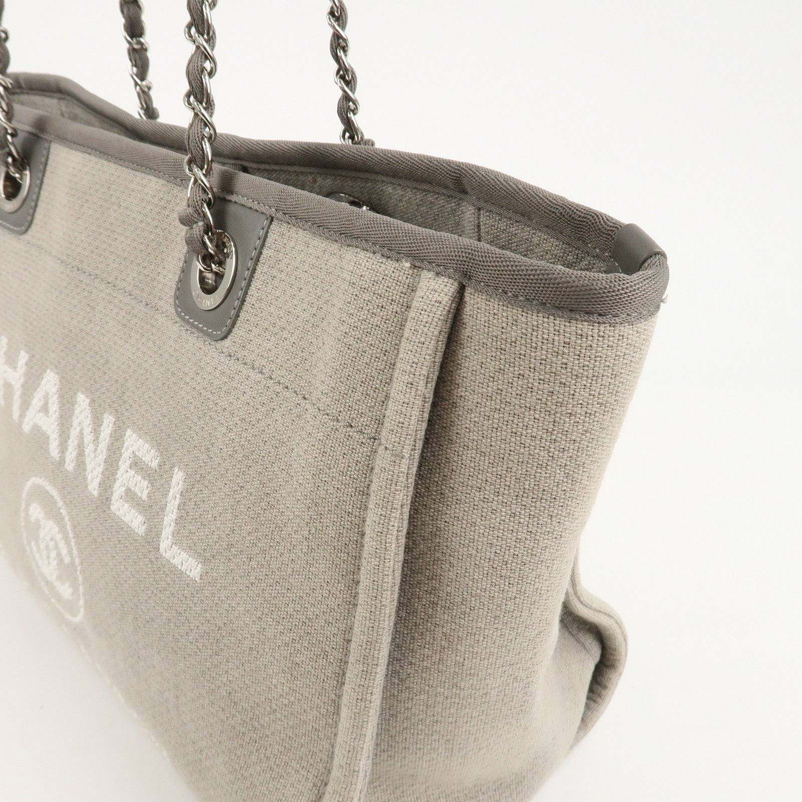 CHANEL Deauville Canvas Leather Chain Tote Bag Gray A67001