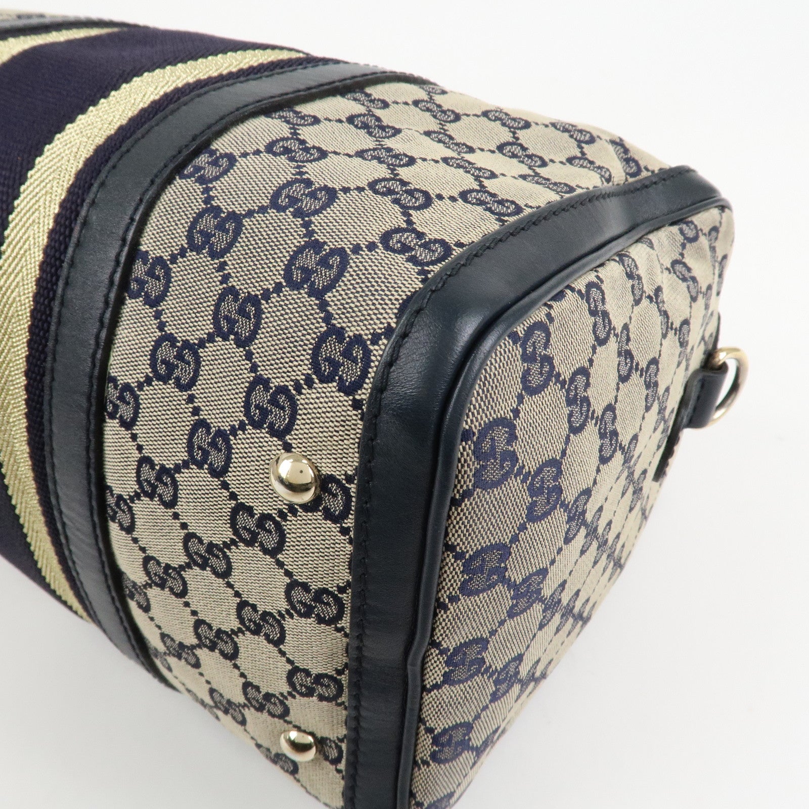 GUCCI Sherry GG Canvas Leather 2Way Boston Bag Navy 247205 Used