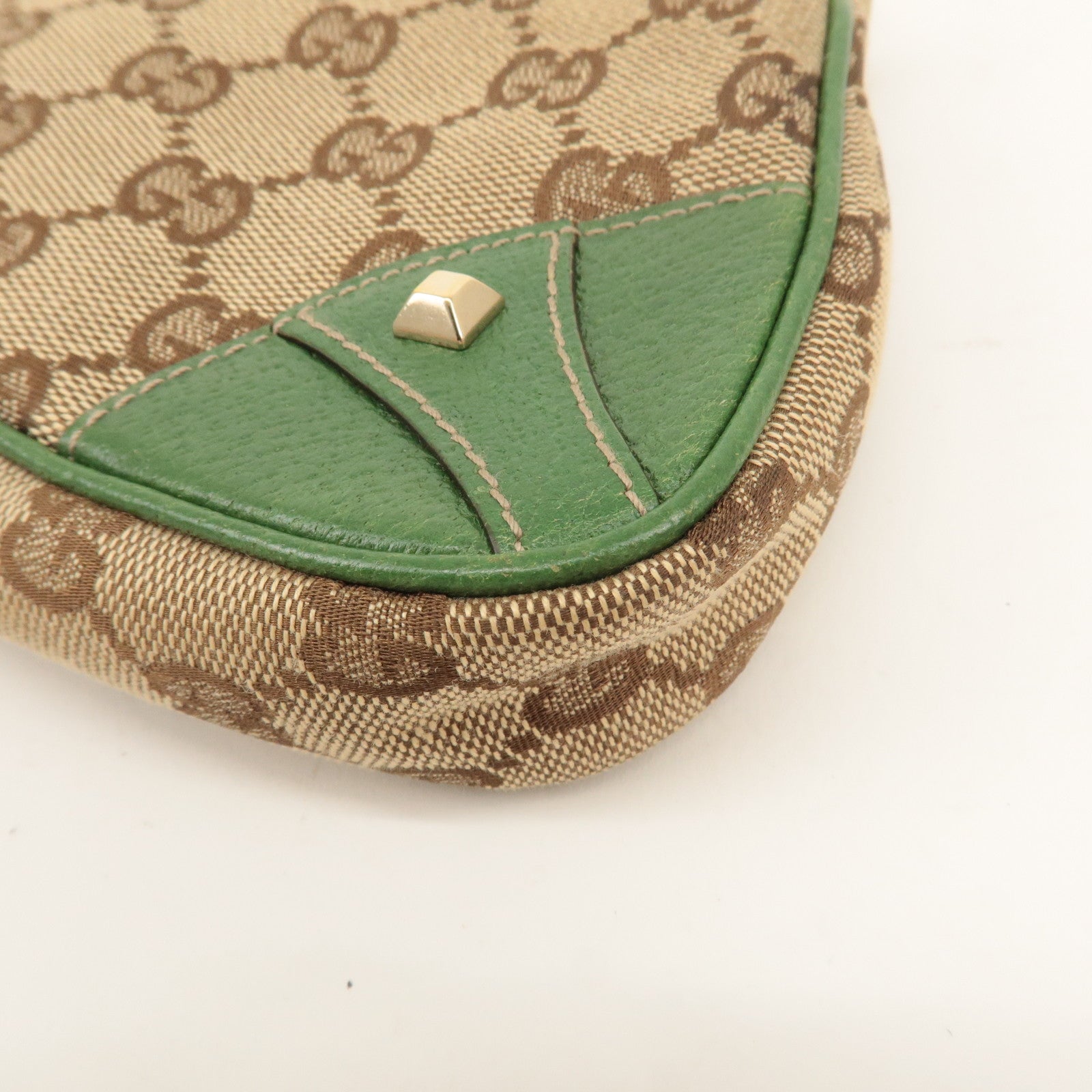 GUCCI GG Canvas Leather Chain Hand Bag Pouch Beige Green 120940