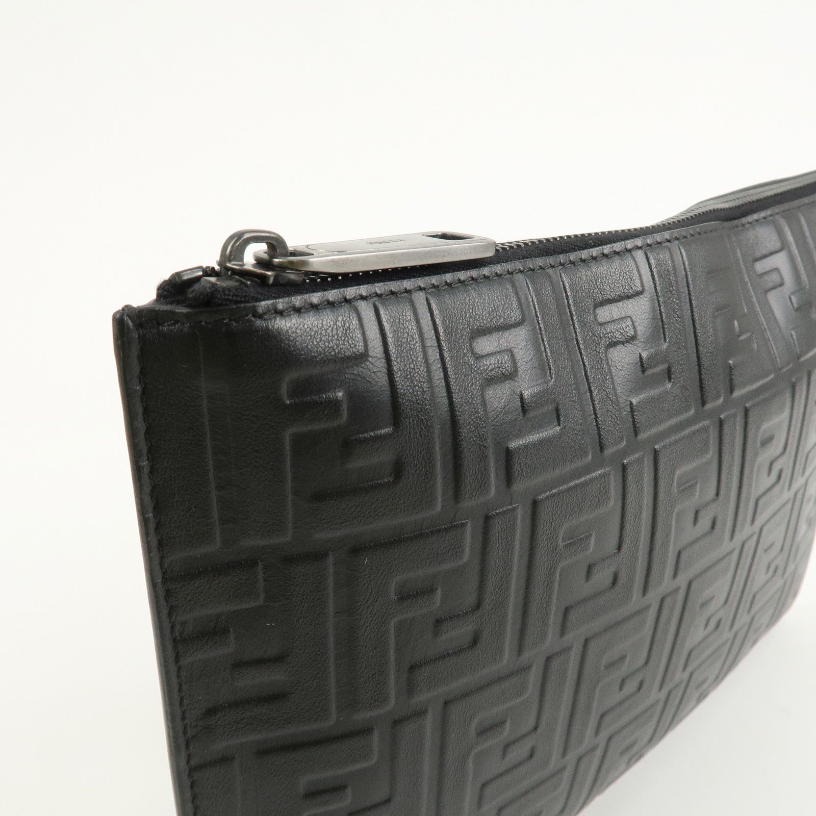 FENDI Zucca Leather Clutch Bag Hand Bag  Black 7N0078