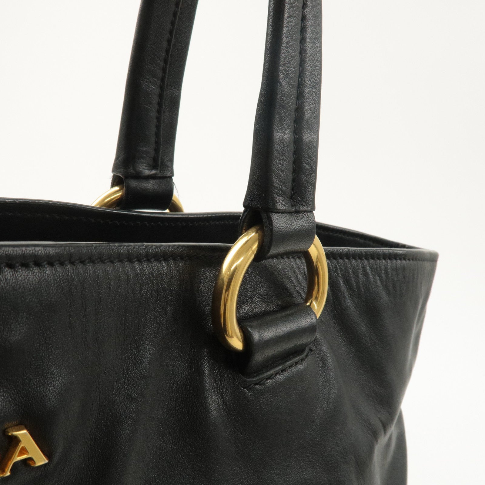 PRADA Logo Leather Tote Bag Shoulder Bag Black Gold Hardware