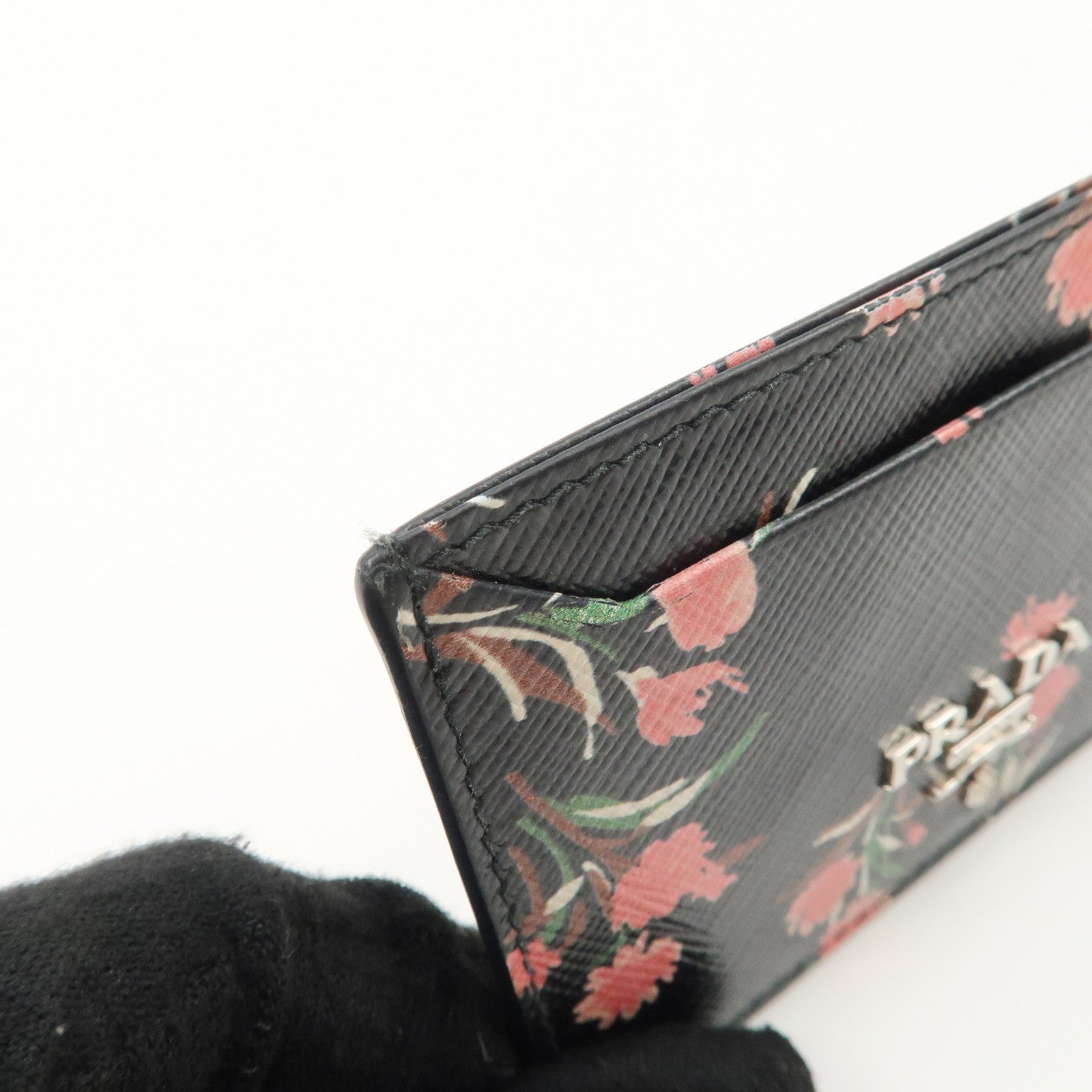 PRADA Saffiano Card Case Floral Pattern Black Pink 1MC208 Used