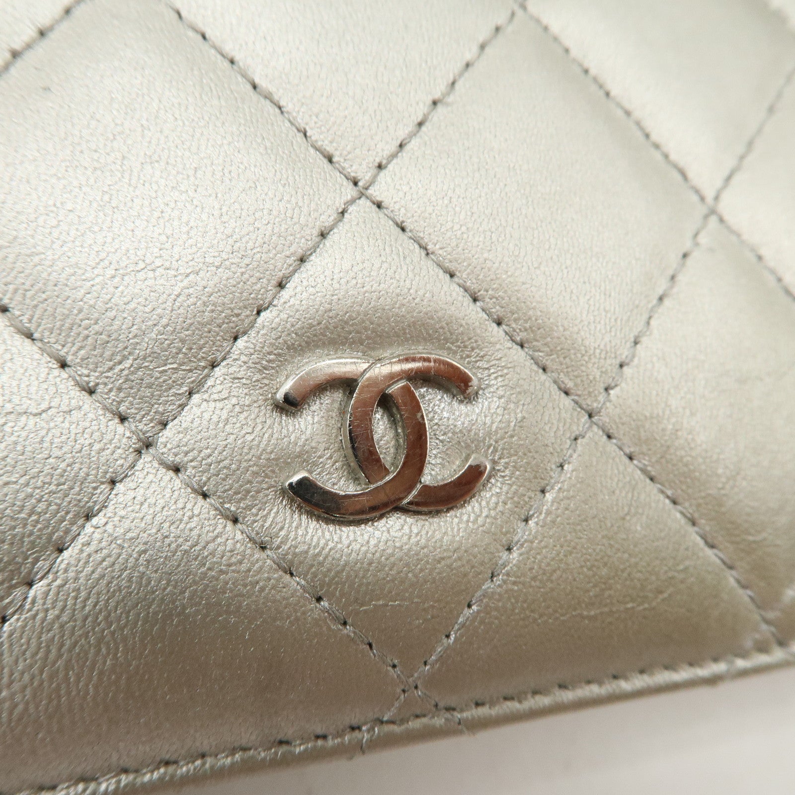 CHANEL Matelasse Lamb Skin Bi-fold Long Wallet Silver A31509 Used