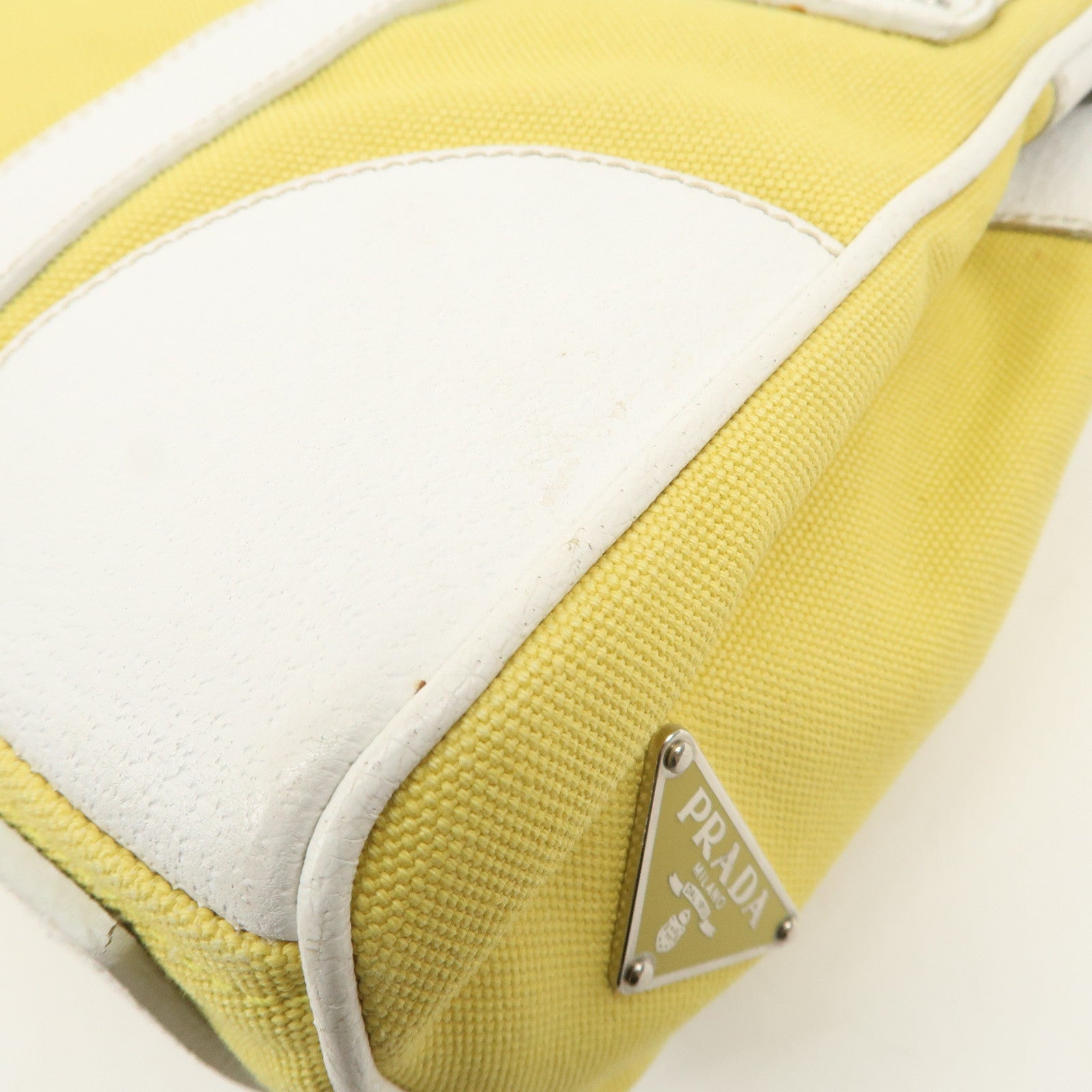 PRADA Triangle Logo Canvas Leather Shoulder Bag Yellow Silver HDW Used