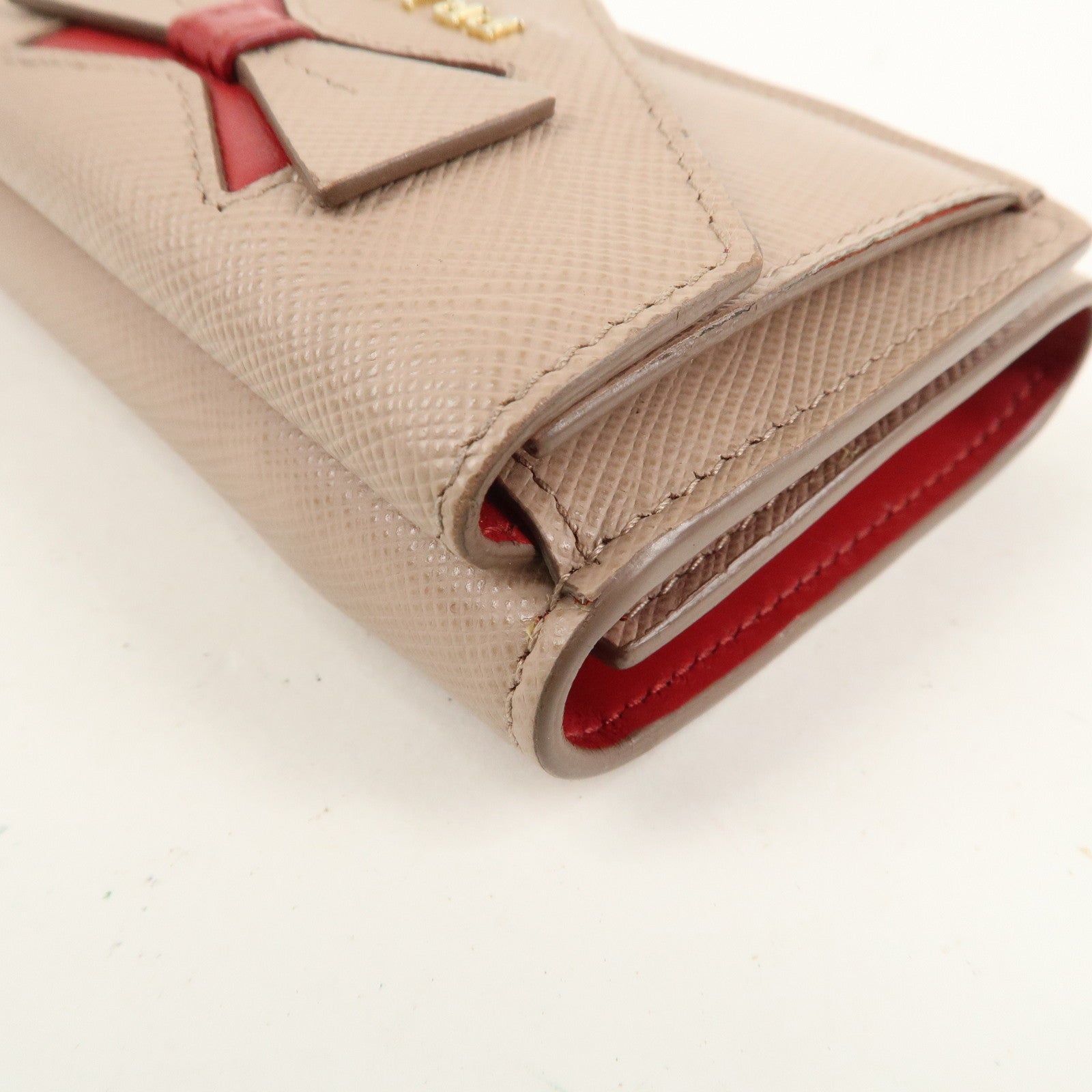 PRADA Saffiano Leather Trifold Wallet Pink Beige Red Ribbon 1MH021