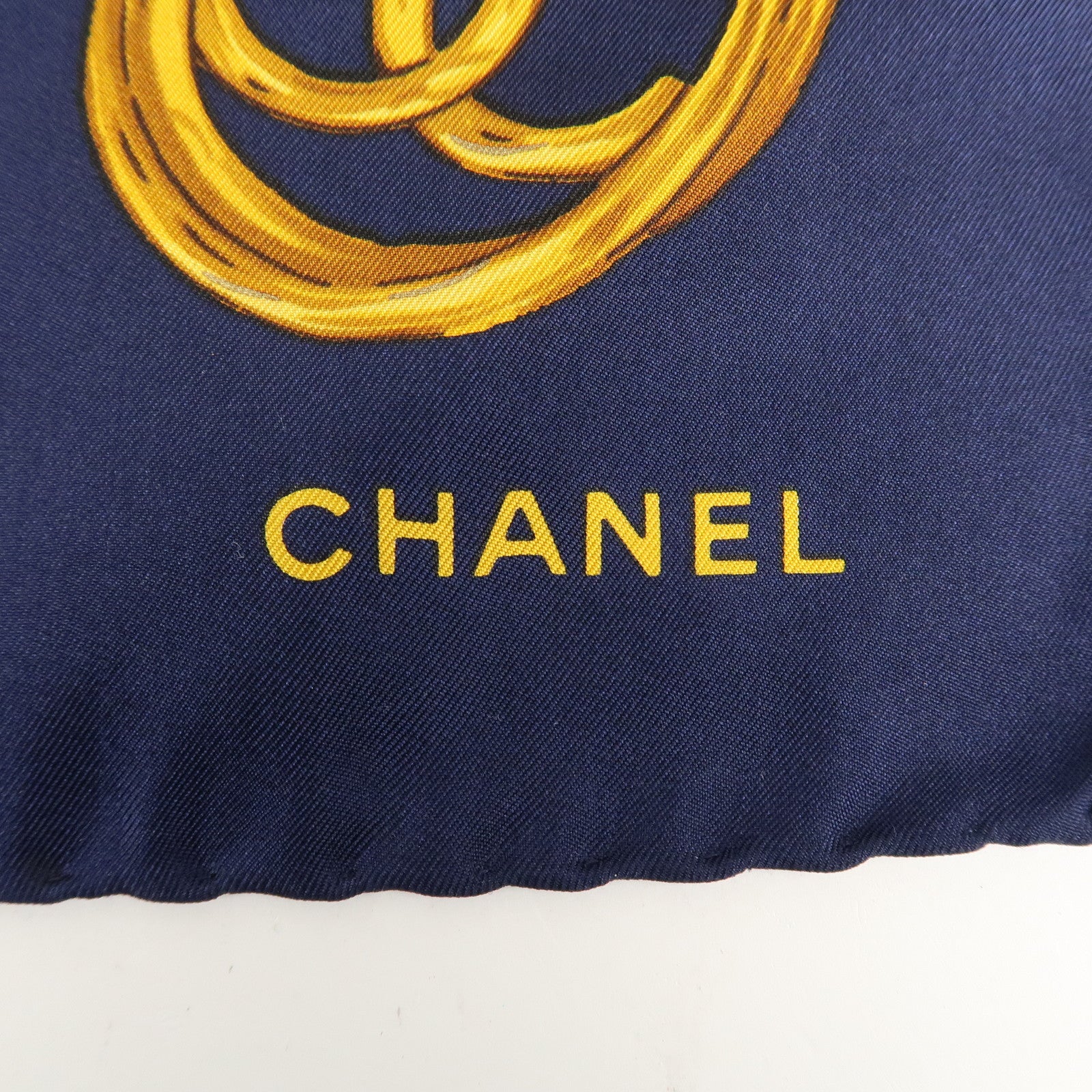 CHANEL Silk 100% Scarf Chain Pattern Navy Gold Blue Used