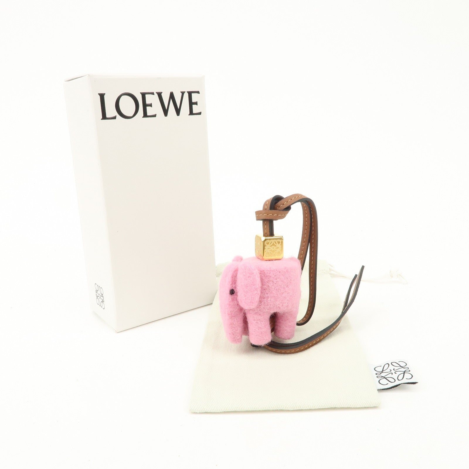 LOEWE Felt Calf Leather Elephant Charm Key Chain Pink Used