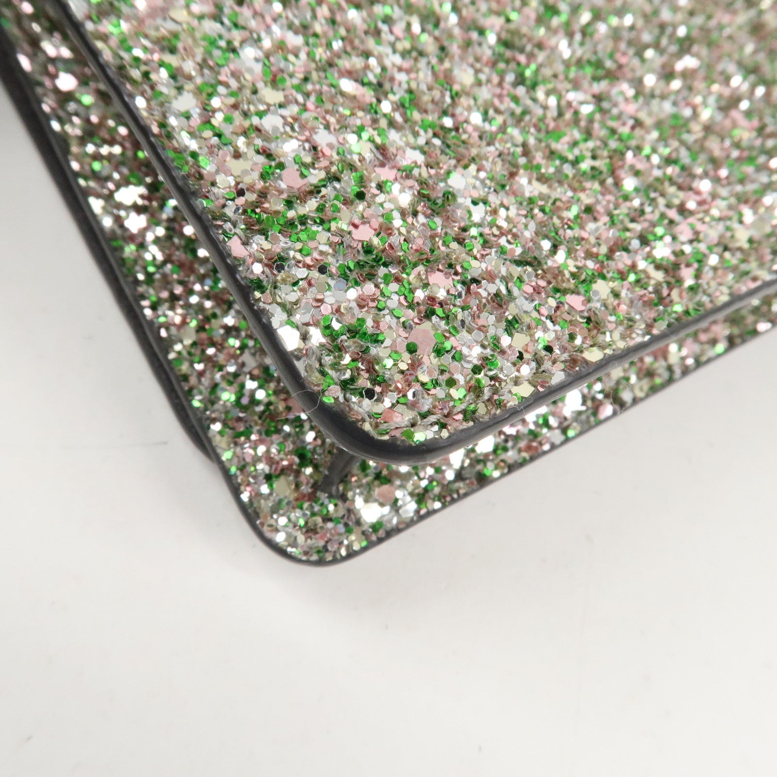 JIMMY CHOO Glitter Leather Shoulder Wallet Bag Green Silver