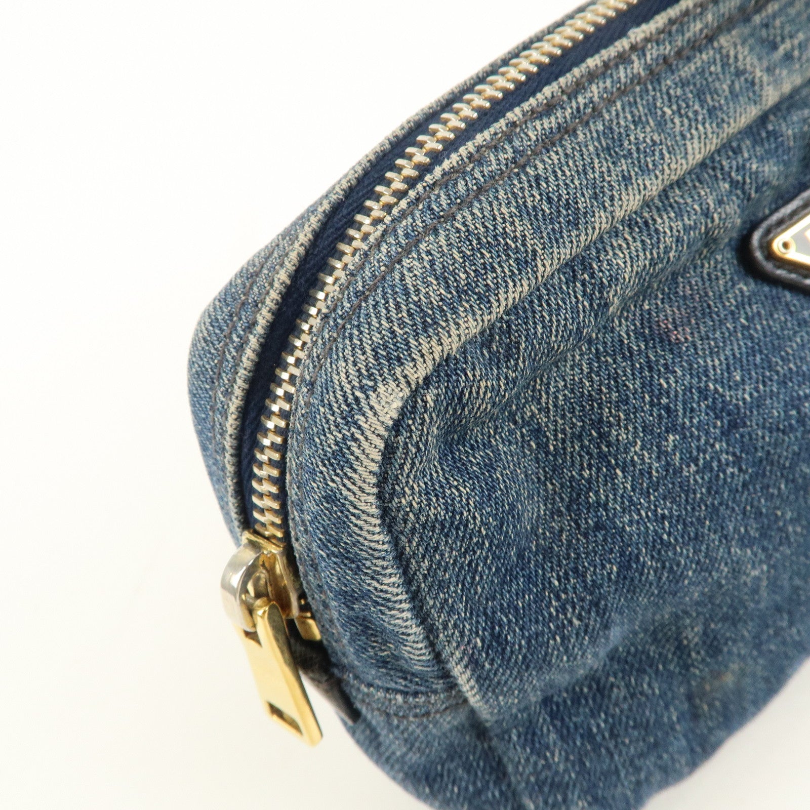 PRADA Triangle Logo Denim Pouch Cosmetic Pouch Blue Gold Hardware