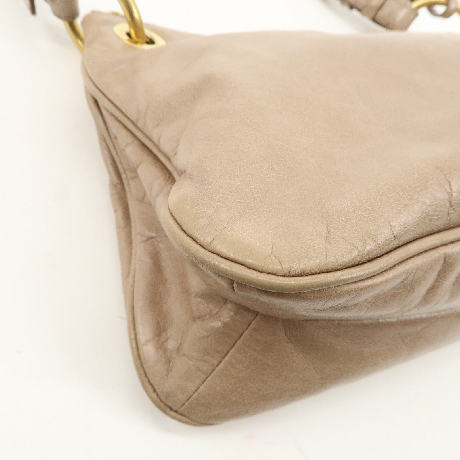 PRADA Leather Shoulder Bag Hand Bag Beige BR4984 Used