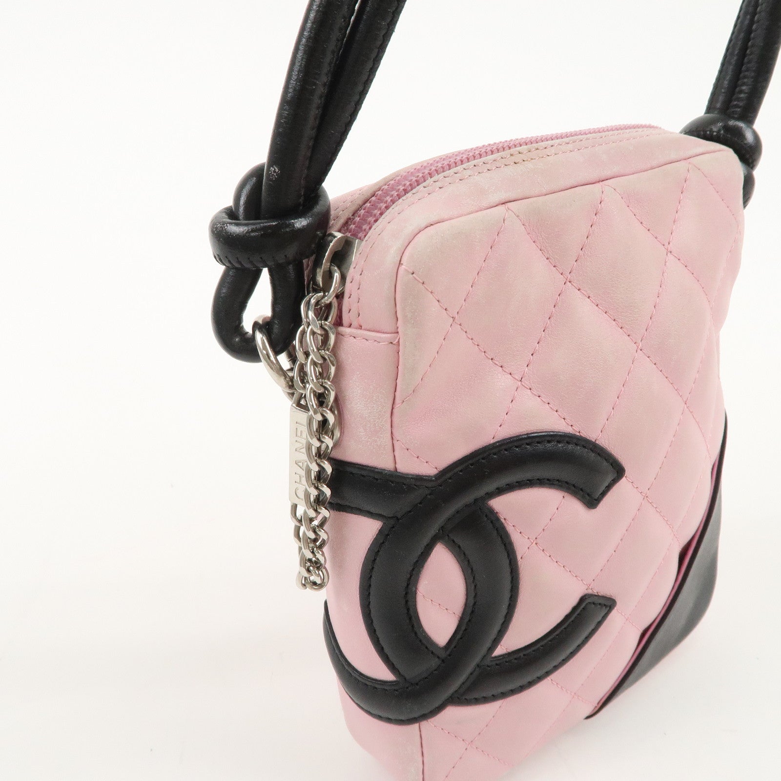 CHANEL Cambon Lamb Skin Small Pochette Pink Black A25177 Used