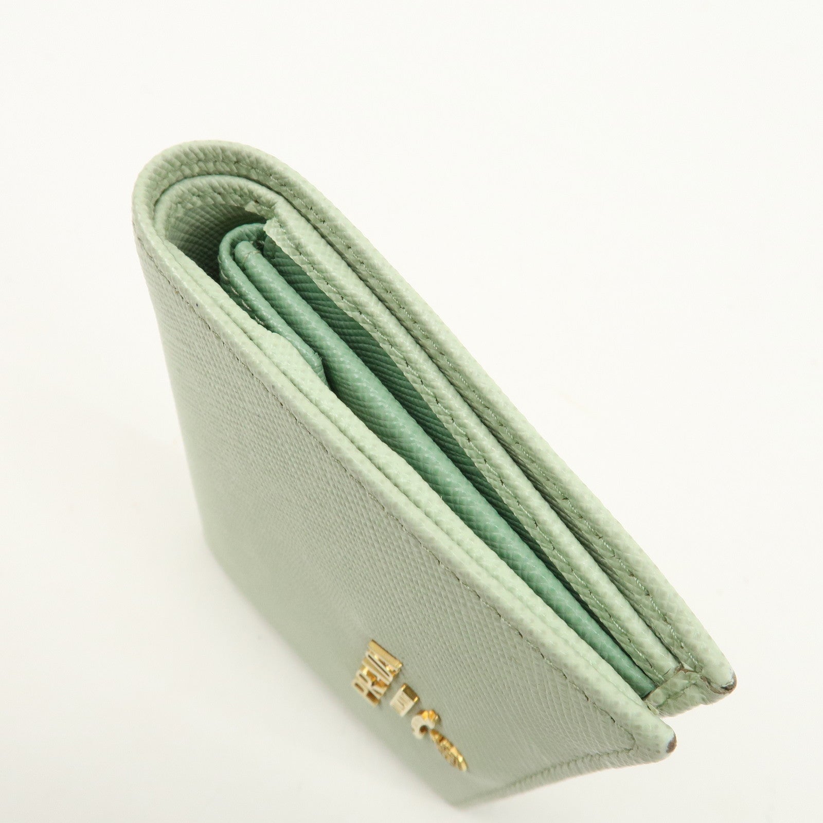 PRADA Logo Saffiano Leather Bi-Fold Small Wallet Light Green