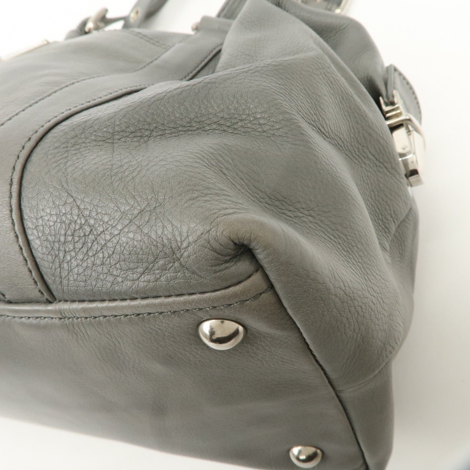 PRADA Leather Boston Bag Shoulder Bag Gray Silver Hardware Used