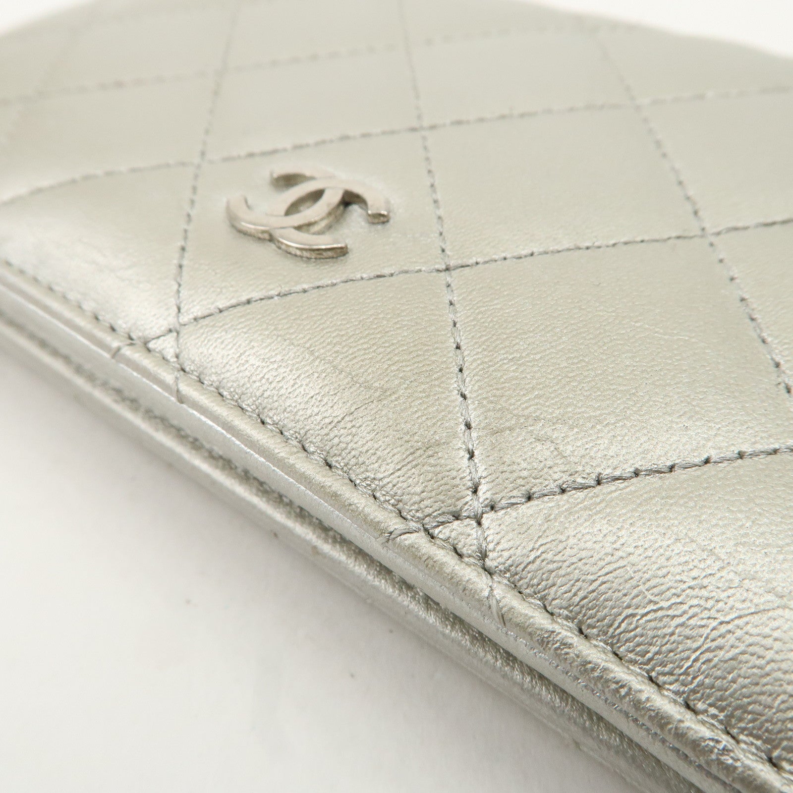 CHANEL Matelasse Lamb Skin Bi-fold Long Wallet Silver A31509 Used