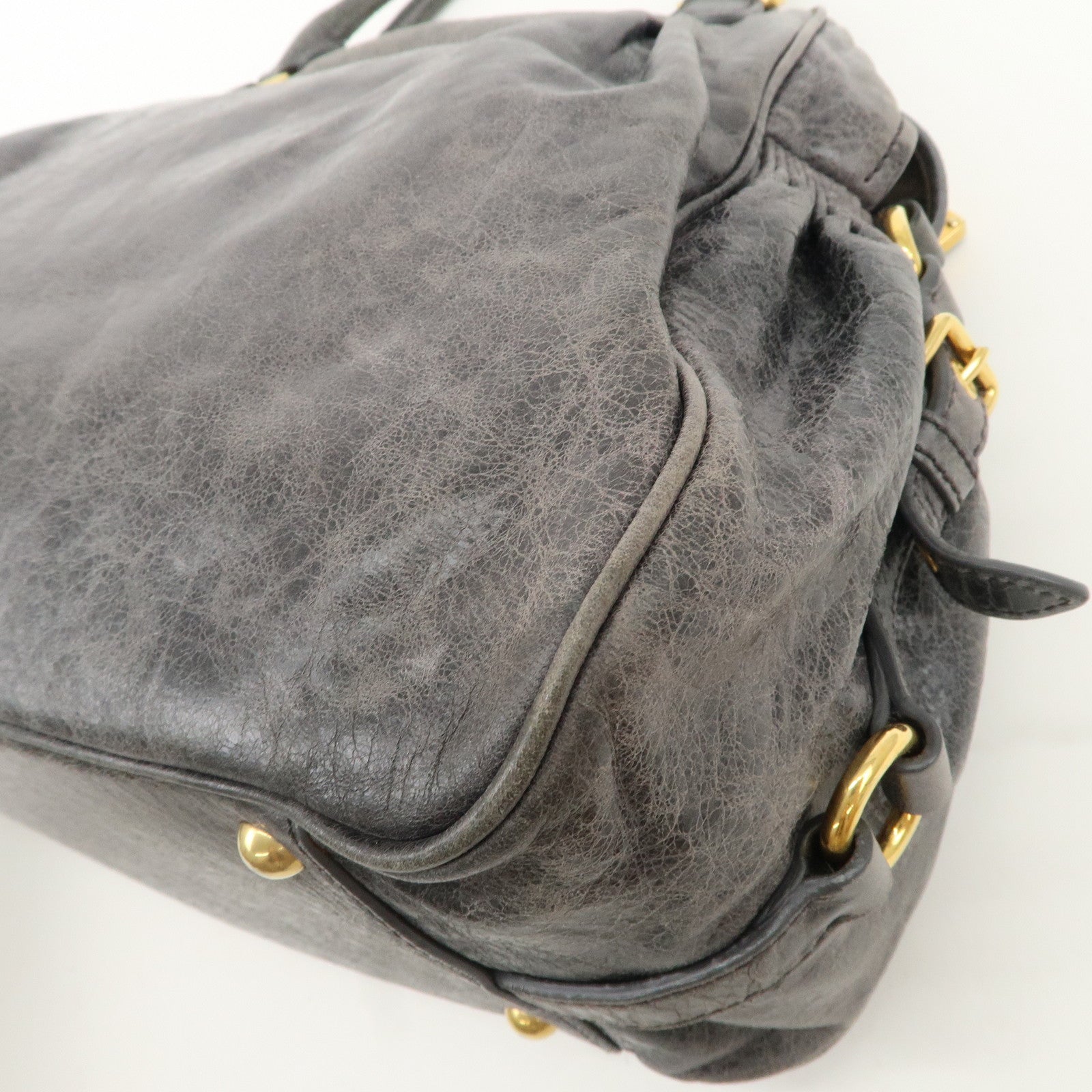 MIU MIU Leather Hand Bag Shoulder Bag Gray Gold Hardware Used